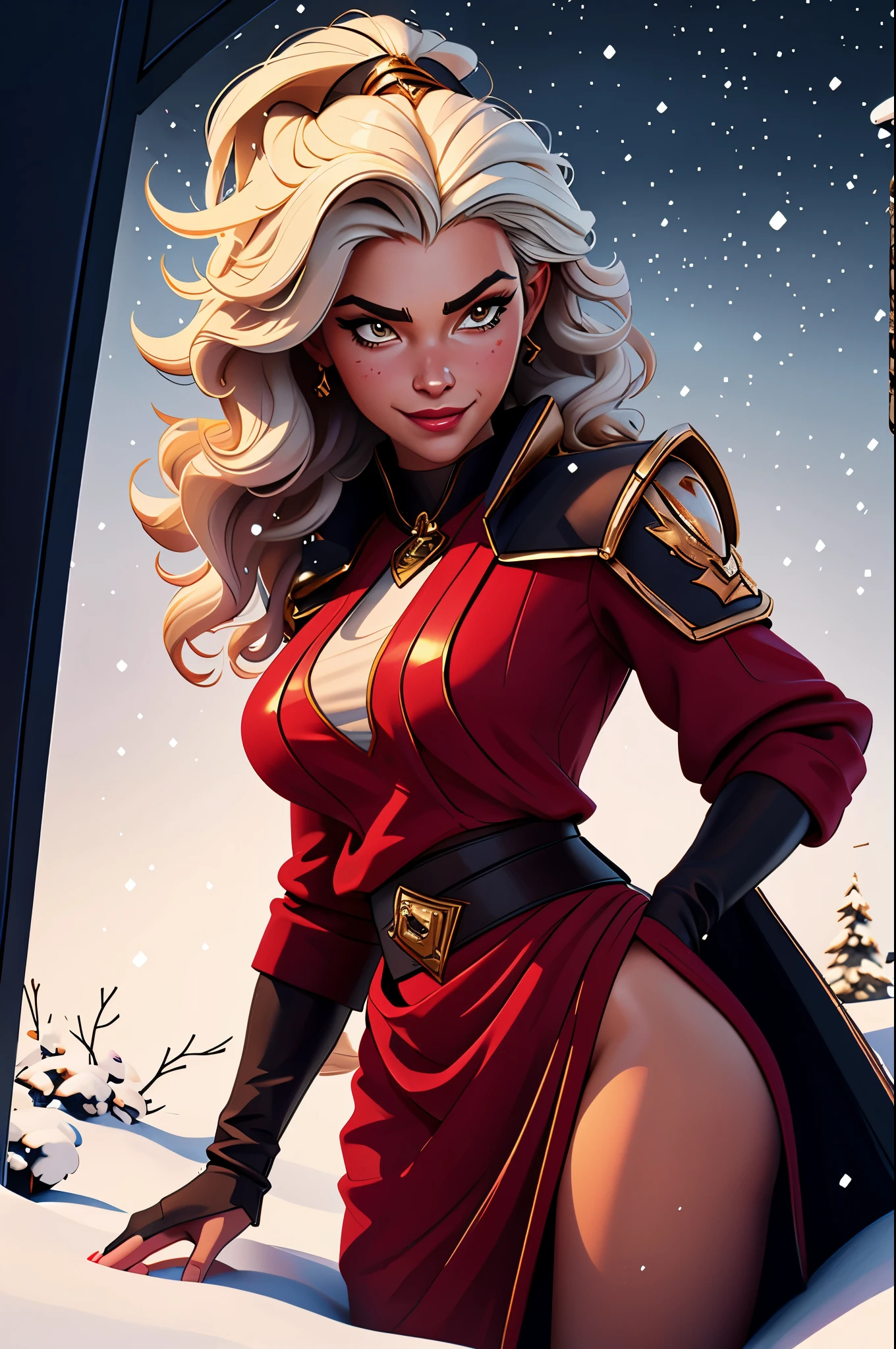 lifelike, high resolution, soft light,1 female, alone, Buttocks up, shiny skin, (Detailed face),tattoo, jewelry, winter clothes, coat, snow, night, curls, beautiful soldier, catch the audience's eyes, Lover's perspective, invitation expression, sexy smile, perfect style, Perfect balance, Delicate skin, naughty look, chest visible