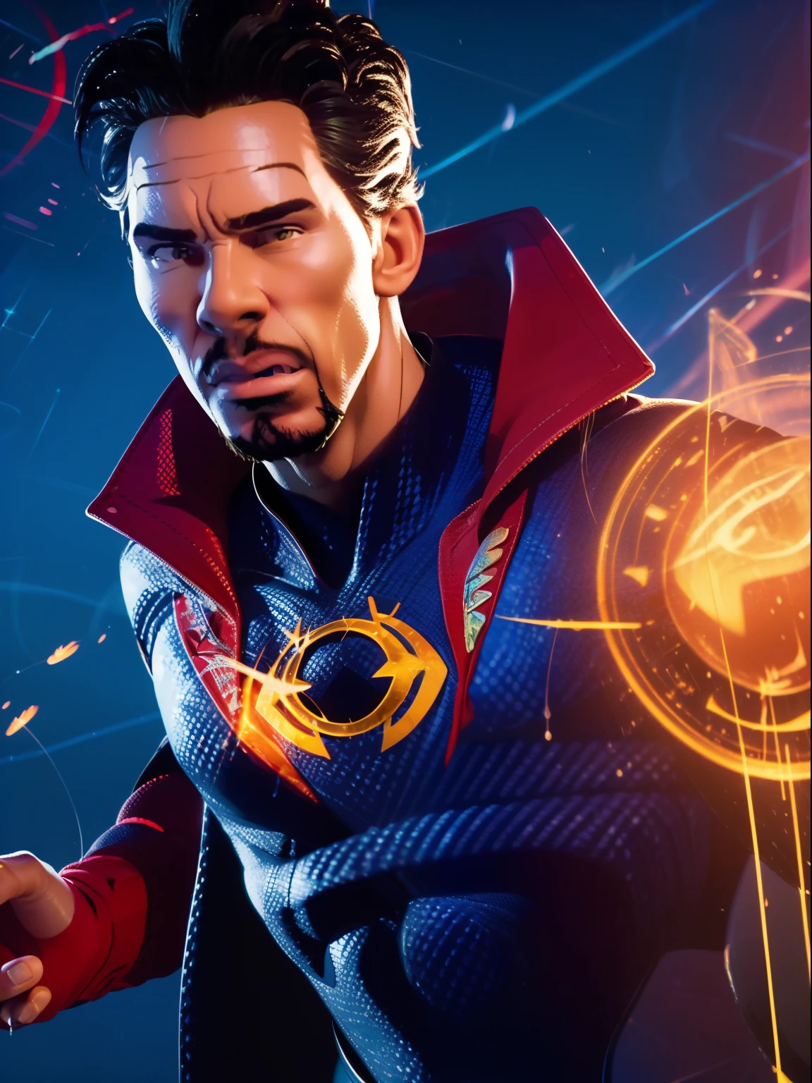 A dr. Strange, wearing a (((Doctor Strange costume))), cinematic, extreem realistic, extreem detailed, extreem Sharp, upper body shot. (natural skin texture, hyperrealism, soft light, sharp: 1.2), (intricate details: 1.12), hdr masterpiece, best quality, (highly detailed photo: 1.1), 8k, photorealistic, (SFW). ((Cosmic Background))