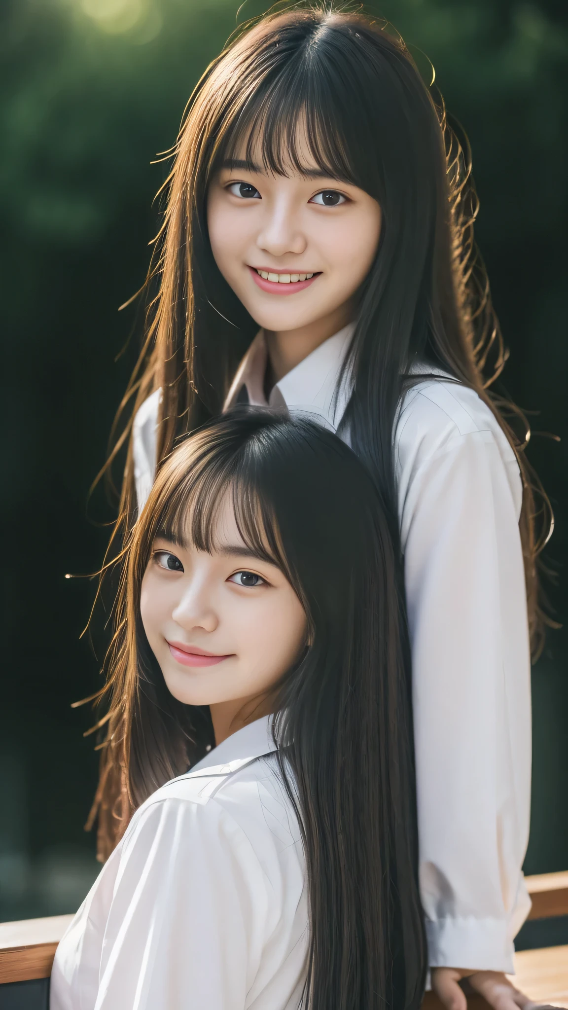 (Highly detailed CG Unity 8K wallpaper,table top, highest quality, Super detailed, look at the camera, light shines on your face, gray background), pores、17-year-old female living in Japan, 17 year old woman of innocent student, hair is black, Hairstyle is semi-long, In summer uniform、smile