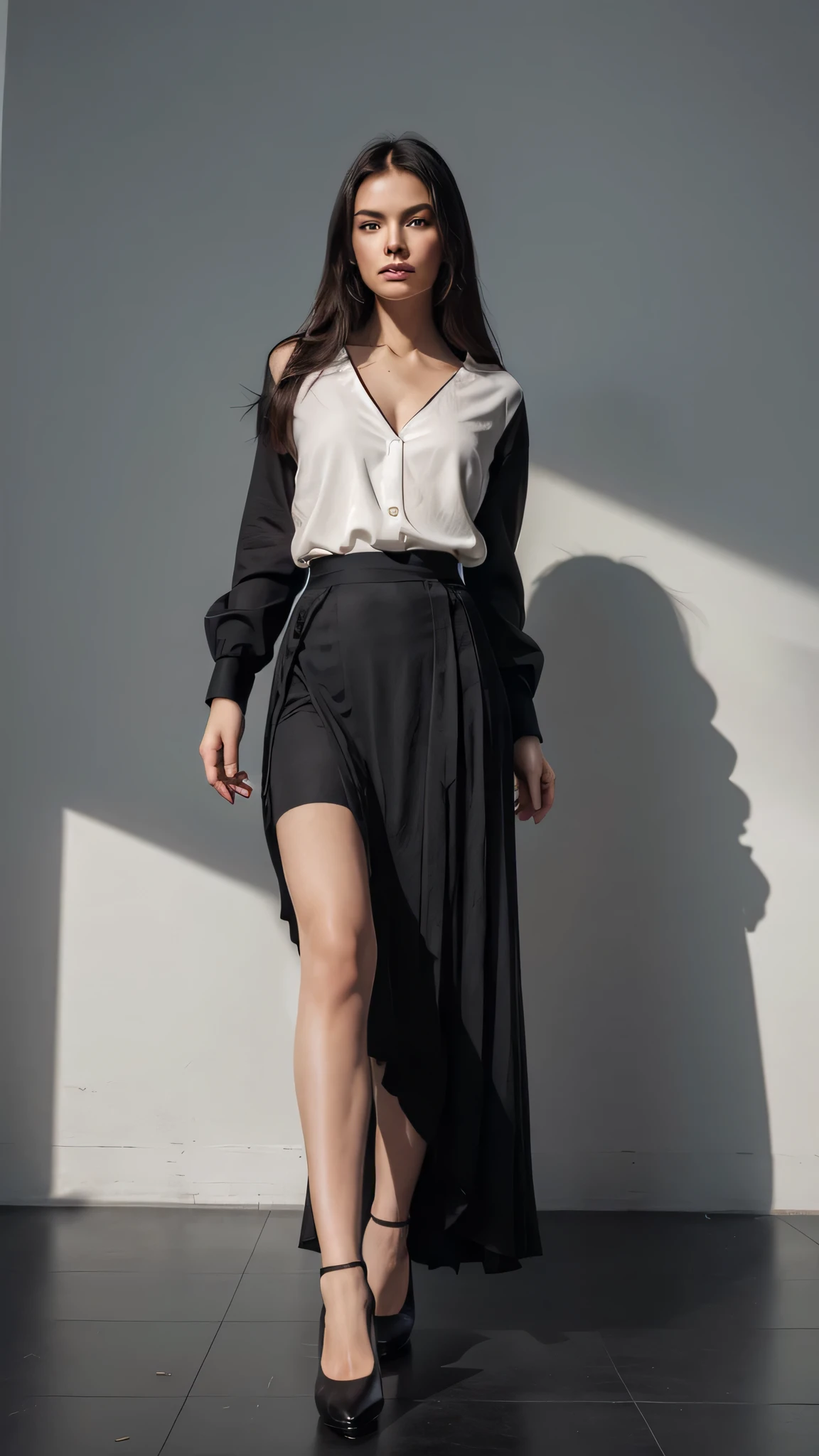 16 thousand., Hyper realistic quality, masterpiece, 1 girl, Chinese, The girl looks like Linda Evangelista in her youth., Anerexic slim model, straight long dark hair, hair grows from the girl&#39;s movement, full length girl, stands and looks at us,
((The girl is wearing a black blouse, The blouse has a V-neck, The girl is wearing a floor-length skirt, the skirt develops as you move, black skirt, Pointed shoes, glass heeled sling bags, black boots)), Photography in the studio on a white background, fashion photography, soft shadows, backlight, Fill light, Background light, key light, Monochrome photographs, grainy, photographic quality, cinematic quality.