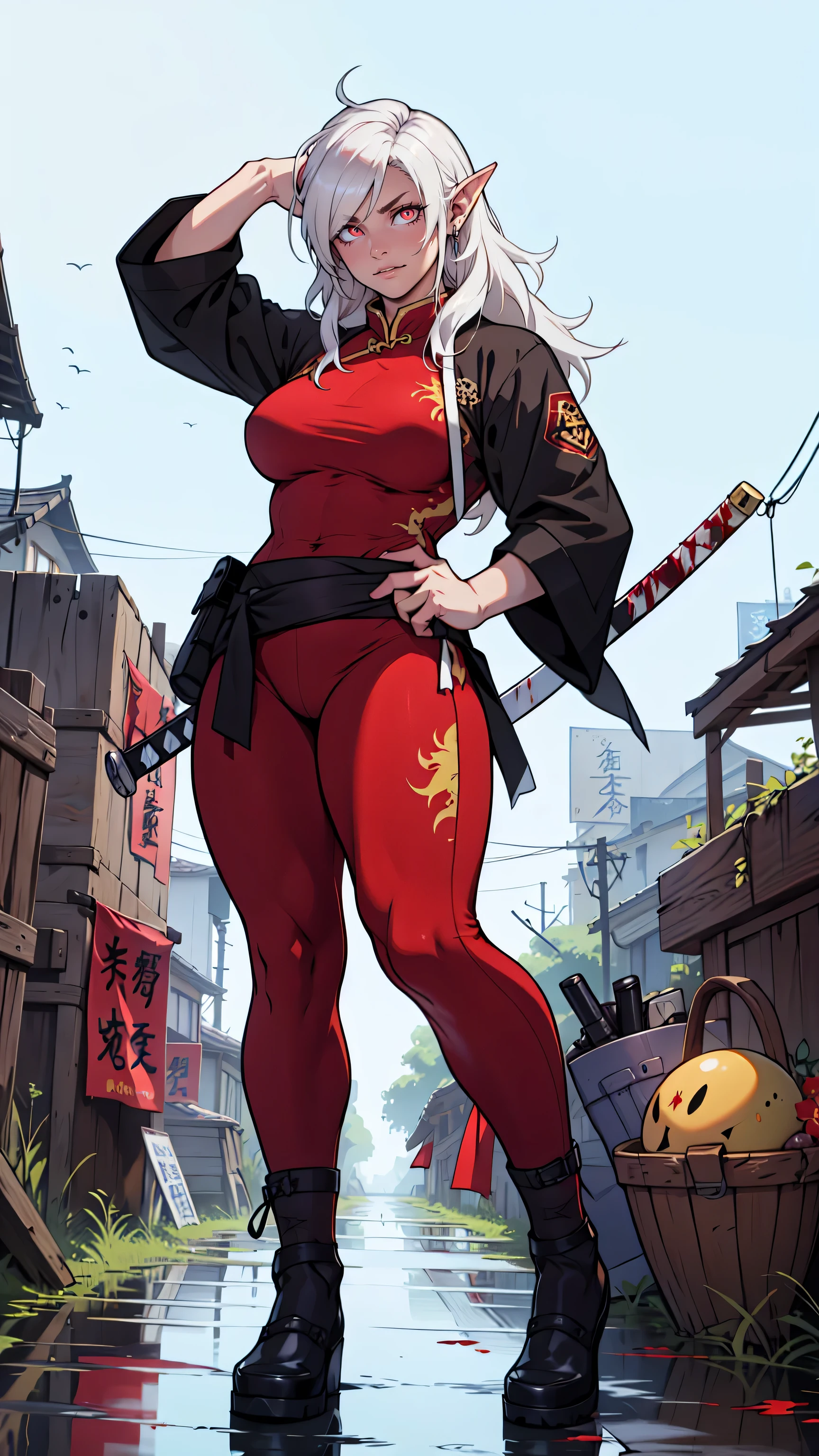 Assasin,full body , weapon in hand,katana in hand,pointy ears,white eyelashes, angry girl muscular girl large breasts, crimson red eyes,glowing eyes, long hair, white hair,staring eyes, circles around eyes, tired eyes,cool pose , blushing face,chinese outfit, scars on face,grenades in background, weapons, blood scatter 
