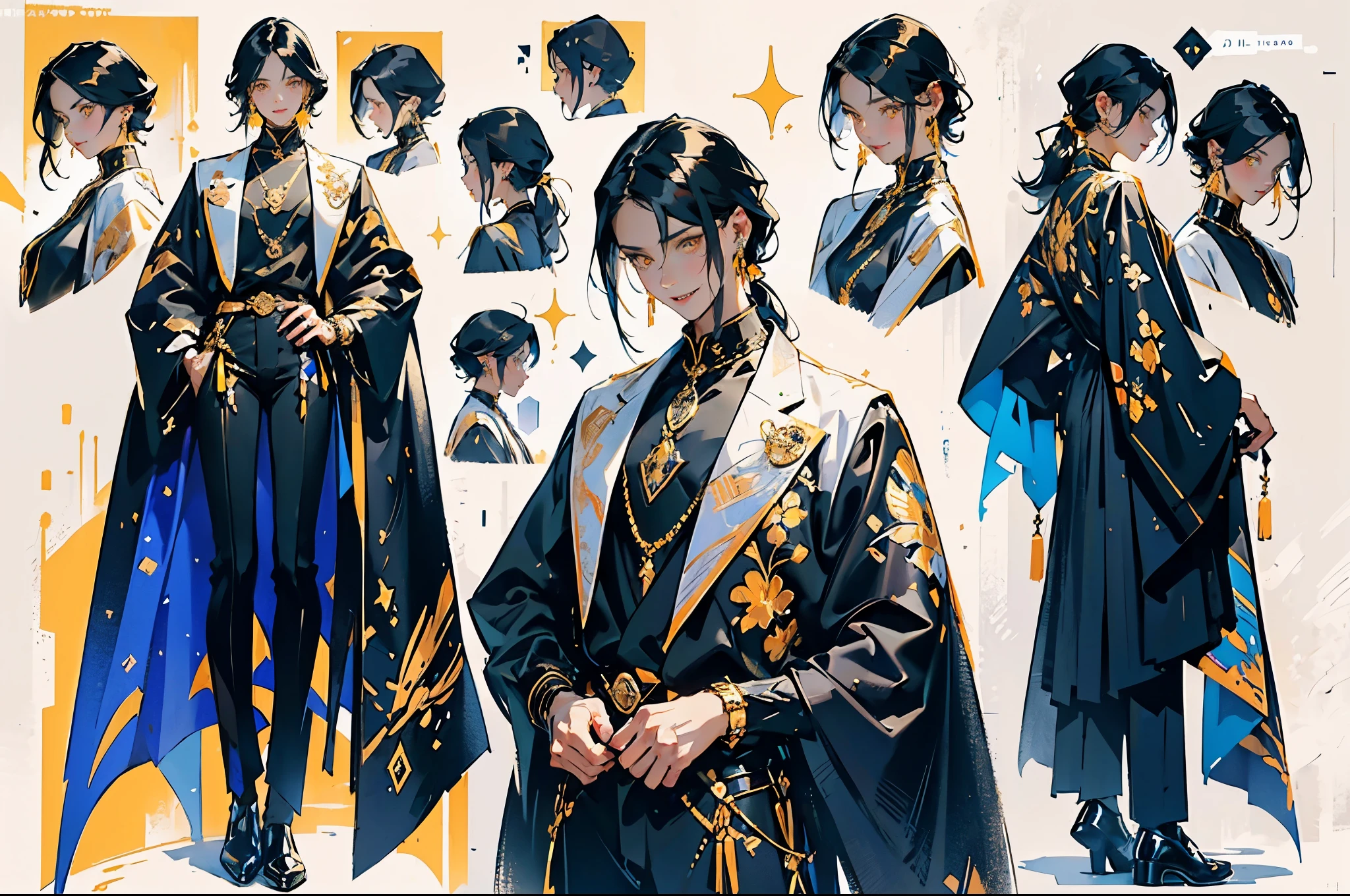Character OC design, the same person multi-angle painting, multi-angle painting, the theme color is violet, the best picture quality, boy, tall and thin, long legs, handsome, white skin, clothes in white and black colors, gold embroidery on trousers, crystal earrings long earrings, short hair, hair pulled into a small ponytail, thoughtful, intellectual, handsome, detailed face, beautiful eyes, beautiful lips, yellow eyes, detailed clothes, many small details, smiles, sharp teeth, the background is pure white, simple background, bright colors, bright eyes, men's black patent leather shoes, gold cufflinks, thin gold chains on trousers,