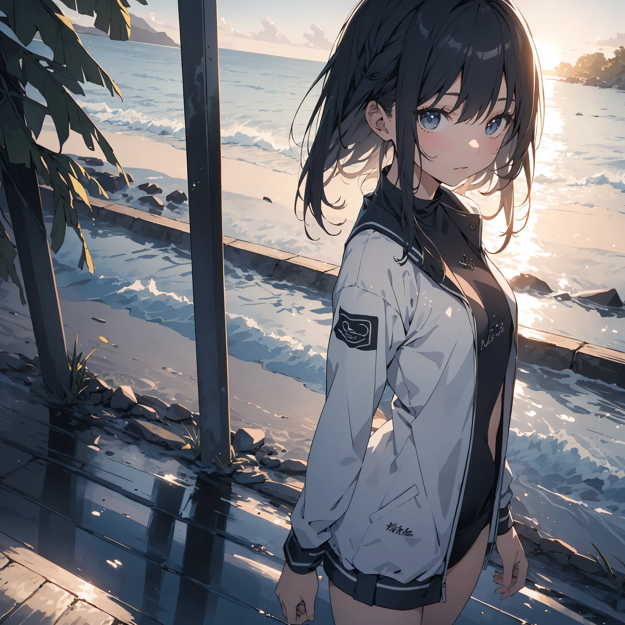 Super high quality by the art god, super detailed, High resolution, Kyoto animation style, anime moe art style, best anime 8K konachan wallpaper, pixiv contest winner, perfect anatomy, break,(Please draw a picture of a girl in a swimsuit walking on the beach alone. )break, 1 girl, (alone,little woman, lolita, , 13 years old:1.3),All limbs, full finger,, The charm of an immature body, (very short hair), Wet hair, flat chest, small ass, between legs, small eyes, beautiful and fine eyes, Well-proportioned iris and pupils, expressive eyes, High resolutionの詳細な髪, Wet, shiny skin, swimsuit, (detailed lighting), (detailed background),On the private beach, break,super dense skin, Best lighting by famous artists, 8K, figure,UHD, rough skin