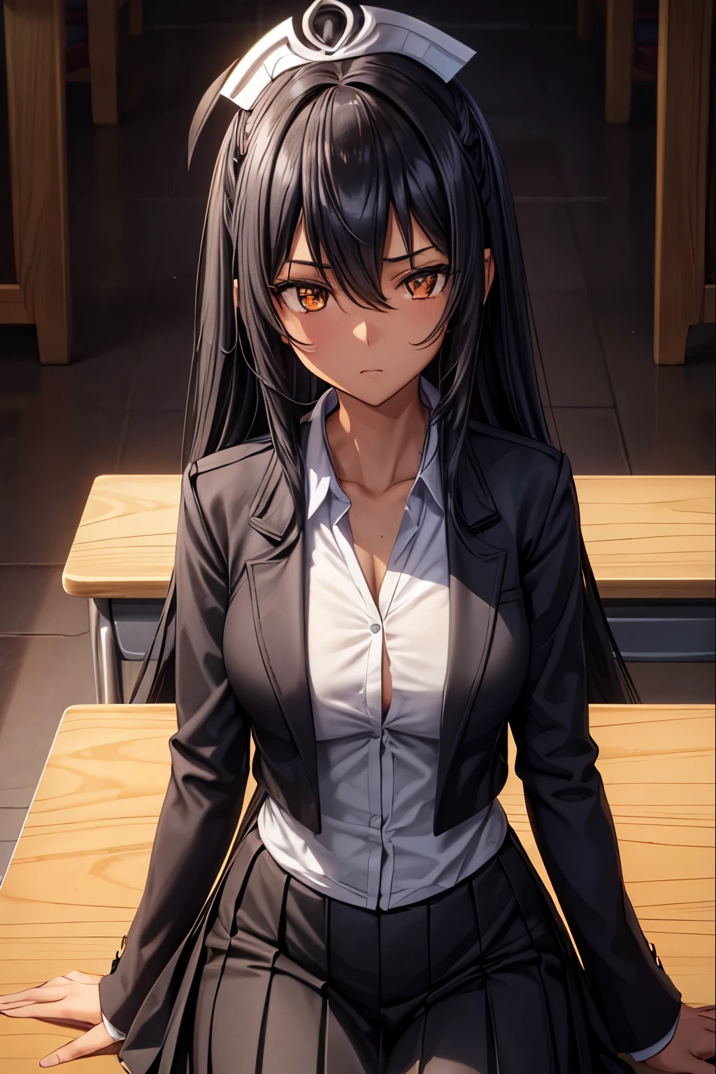 girl, 22 years old, school uniform similar to a black suit with yellowish edges, black skirt, black skin african, long hair, slightly wavy black hair with a wavy fringe that mainly covers the left side of the forehead, disinterested facial expression, face and hair similar to the character Olga Discordia from the anime hentai Kuroinu, image showing the top of the head to the end of the waist, ultra detailed, classroom interior landscape