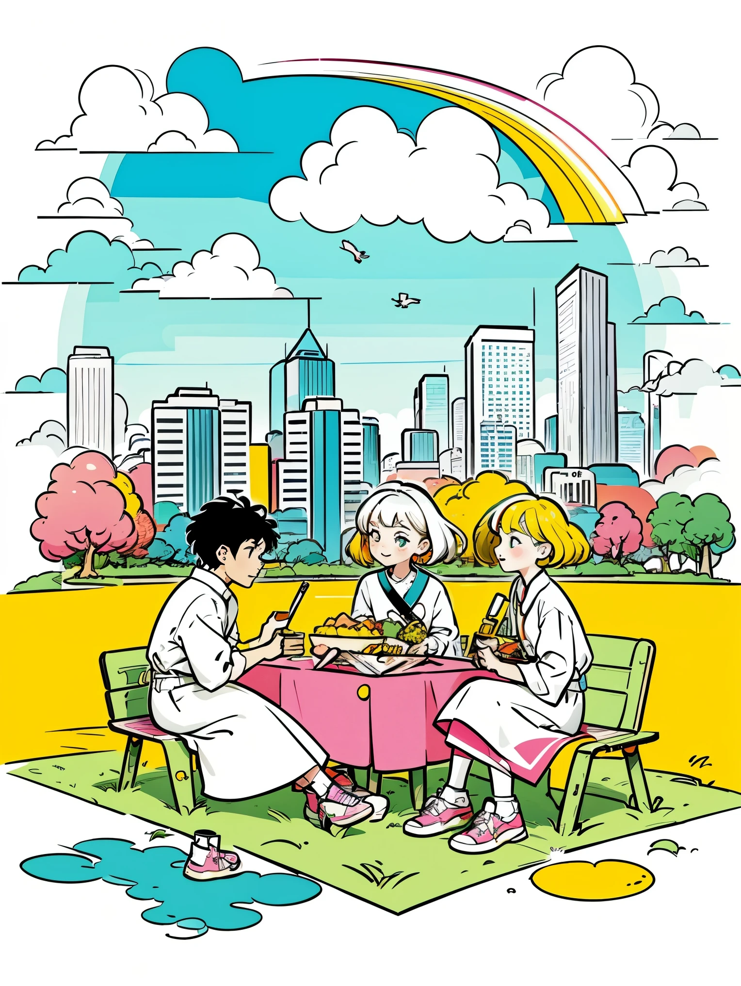 Vector illustration of young, fashionable men and women picnicking in the park, with flowing lines and warm colors set against a white background. The scene captures the essence of a modern, stylish park environment, where young people gather to relax and enjoy each other's company. The design features clean, simple lines and a limited color palette, emphasizing the sophisticated beauty of the urban park setting. The characters, with their youthful energy and trendy outfits, embody the vibrancy and grace of city life. The super saturated, vivid, and bright colors, rendered in a pop art vector style, lend a sense of surrealism and whimsy to the scene, creating a visually captivating and memorable composition.