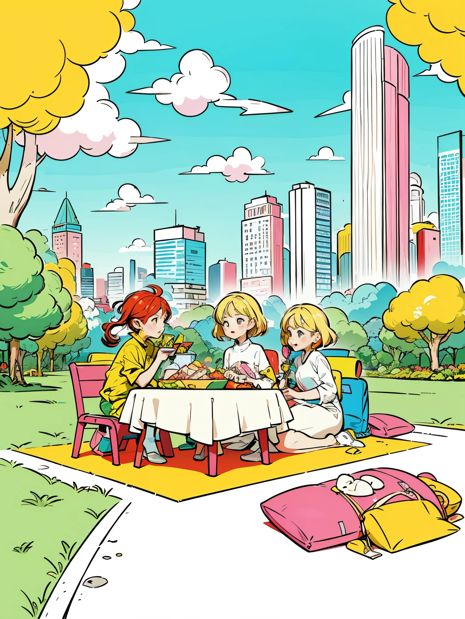 Vector illustration of young, fashionable men and women picnicking in the park, with flowing lines and warm colors set against a white background. The scene captures the essence of a modern, stylish park environment, where young people gather to relax and enjoy each other's company. The design features clean, simple lines and a limited color palette, emphasizing the sophisticated beauty of the urban park setting. The characters, with their youthful energy and trendy outfits, embody the vibrancy and grace of city life. The super saturated, vivid, and bright colors, rendered in a pop art vector style, lend a sense of surrealism and whimsy to the scene, creating a visually captivating and memorable composition.