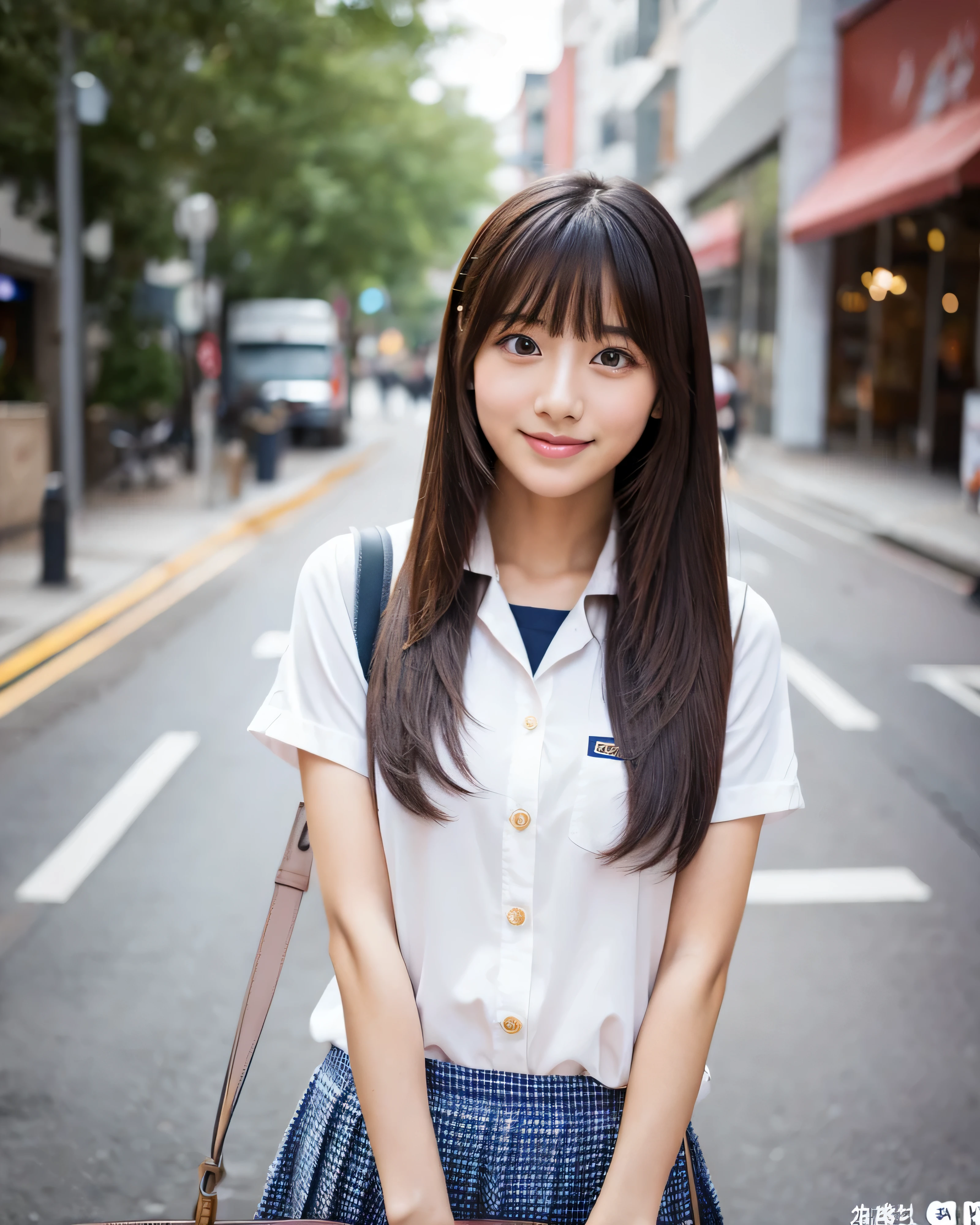 beautiful japanese girl、、(whole body:1.5)、big magical eyes、detailed beautiful eyes、thin eyebrows、long hair that is messy、(pink gold hair:1.2)、Detailed long straight hair、Asymmetrical bangs、smooth soft skin、pale pink lips、gentle smile、Dark blue and white school uniform、A glimpse of the navel、satchel、navy pleated skirt、Detailed beautiful legs、summer street、professional lighting、Professional photographer