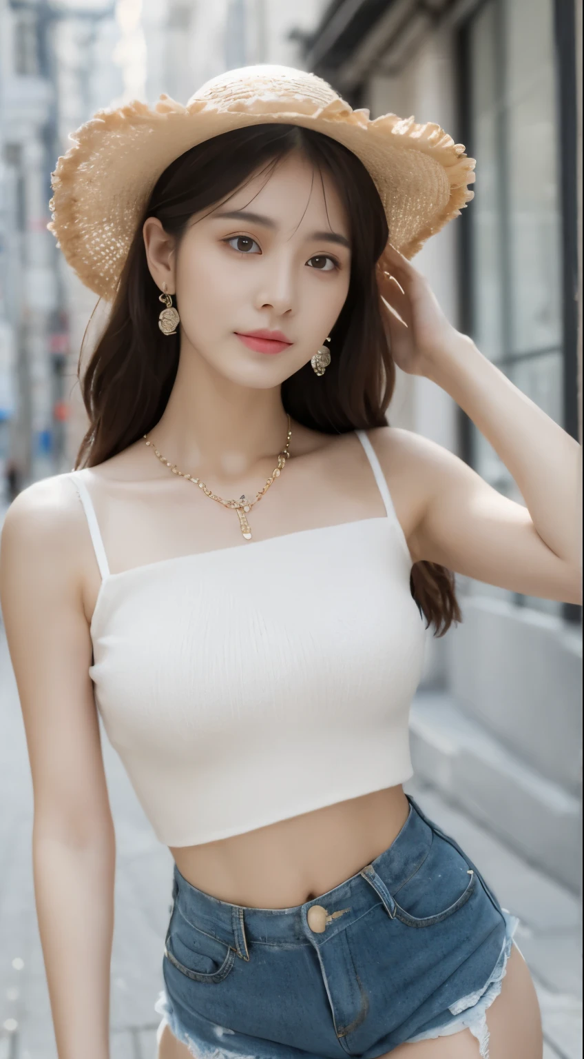 ((best quality, 8k, masterpiece: 1.4)), (flower hat: 1.3), focus: 1.2, perfect body beautiful: 1.5, buttocks: 1.2, (layered hairstyle: 1.2)), (dark street: 1.3), alone, Highly detailed facial and skin textures, whole body, exquisite eyes, double eyelids, skin whitening, long hair, (round face: 1.2), (Loose crop top, shorts: 1.6), high resolution, big breasts, Delicate and realistic breasts, beautiful , Real smooth and fair skin, Detailed and realistic hands, Detailed and realistic hands指, Perfect human body proportions, perfect female figure, Sexy, sexual expression, lure, tight clothes, transparent clothes, Very detailed, Surreal, soft light, delicate eyes, Detailed and realistic hair, slim abs, Detailed realistic arms, realistic human body posture, tight transparent bra, detailed realistic women body parts, young beautiful girl, Sexy girl, Detailed and realistic necklace, Detailed and realistic ears, earrings, Detailed and realistic textures，32 year old beauty