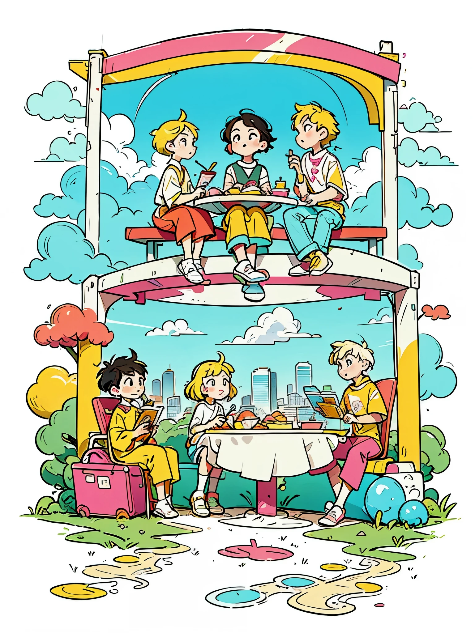 Vector illustration of young, fashionable men and women picnicking in the park, with flowing lines and warm colors set against a white background. The scene captures the essence of a modern, stylish park environment, where young people gather to relax and enjoy each other's company. The design features clean, simple lines and a limited color palette, emphasizing the sophisticated beauty of the urban park setting. The characters, with their youthful energy and trendy outfits, embody the vibrancy and grace of city life. The super saturated, vivid, and bright colors, rendered in a pop art vector style, lend a sense of surrealism and whimsy to the scene, creating a visually captivating and memorable composition.