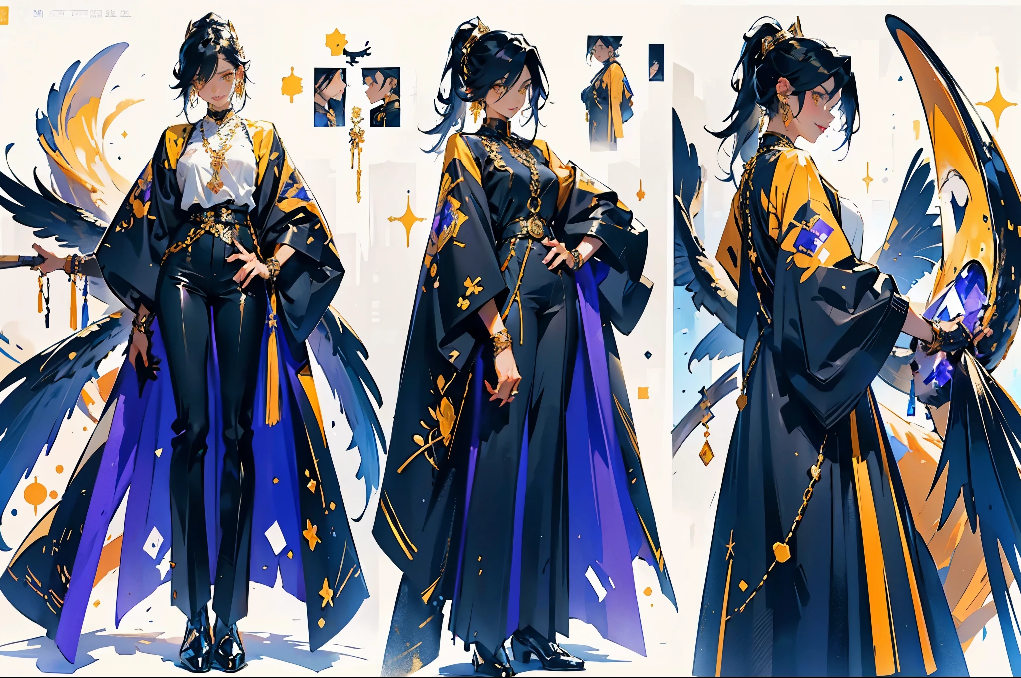 Character OC design, the same person multi-angle painting, multi-angle painting, the theme color is violet, the best picture quality, boy, tall and thin, long legs, handsome, white skin, clothes in white and black colors, gold embroidery on trousers, crystal earrings long earrings, short hair, hair pulled into a small ponytail, thoughtful, intellectual, handsome, detailed face, beautiful eyes, beautiful lips, yellow eyes, detailed clothes, many small details, smiles, sharp teeth, the background is pure white, simple background, bright colors, bright eyes, men's black patent leather shoes, gold cufflinks, thin gold chains on trousers,