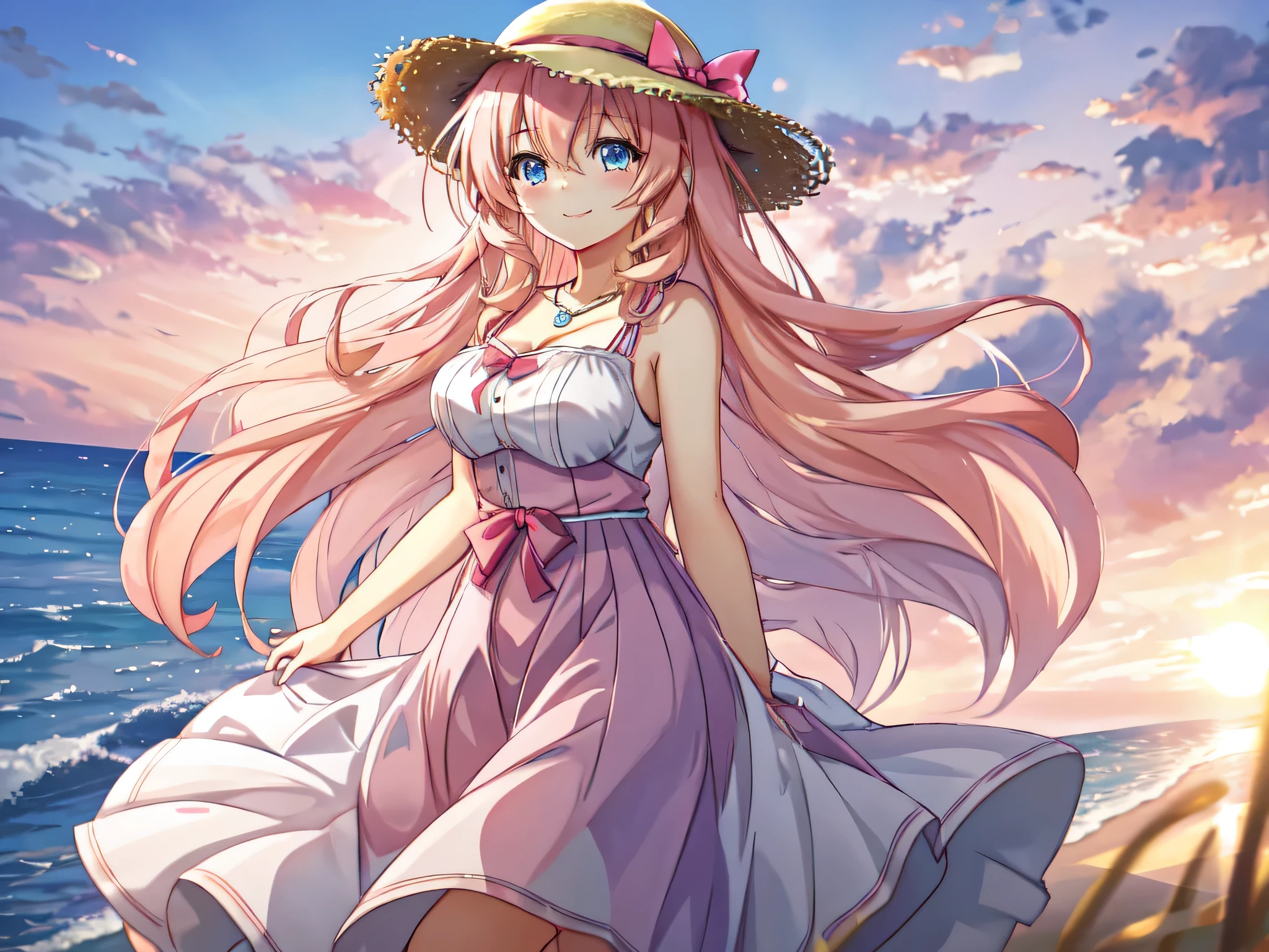 Honami Ichinose, blonde pink hair, blue eyes, wind, long dress, summer dress, straw hat, joy, shore, sunset, Breast bones, laugh, necklace