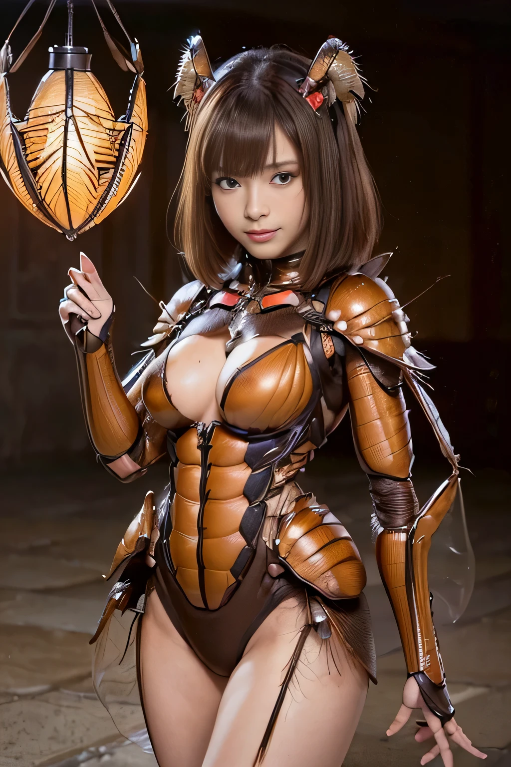 (High resolution,masterpiece,highest quality,Very detailed CG, anime, official art:1.4), realistic, photograph, amazing detail, all complicated, luster and luster,great many layers, 8k wallpaper, 3D, sketch, cute, figure,( alone:1.4), perfect female proportions,villain's daughter, (Fusion of dark brown cockroach and lady:1.4), (brown cockroach form lady:1.2), (brown cockroach woman:1.2), (Fusion:1.2), (alone:1.4), (evil smile:1.2), muscular, abs, (Cockroach brown exoskeleton bio insect suit:1.4), (Cockroach brown exoskeleton bio insect armor:1.2), (brown transparent cockroach feathers:1.4), (brown cockroach antenna:1.3),