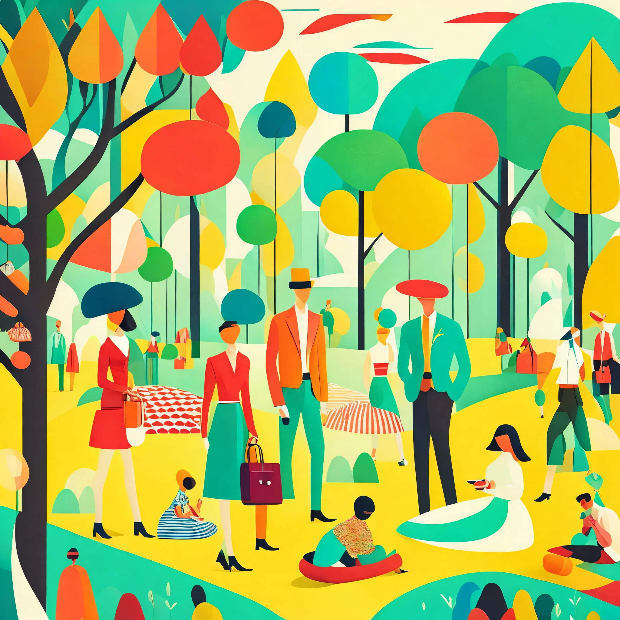 Vector illustration of young, fashionable men and women picnicking in the park, with flowing lines and warm colors set against a white background. The scene captures the essence of a modern, stylish park environment, where young people gather to relax and enjoy each other's company. The design features clean, simple lines and a limited color palette, emphasizing the sophisticated beauty of the urban park setting. The characters, with their youthful energy and trendy outfits, embody the vibrancy and grace of city life. The super saturated, vivid, and bright colors, rendered in a pop art vector style, lend a sense of surrealism and whimsy to the scene, creating a visually captivating and memorable composition.