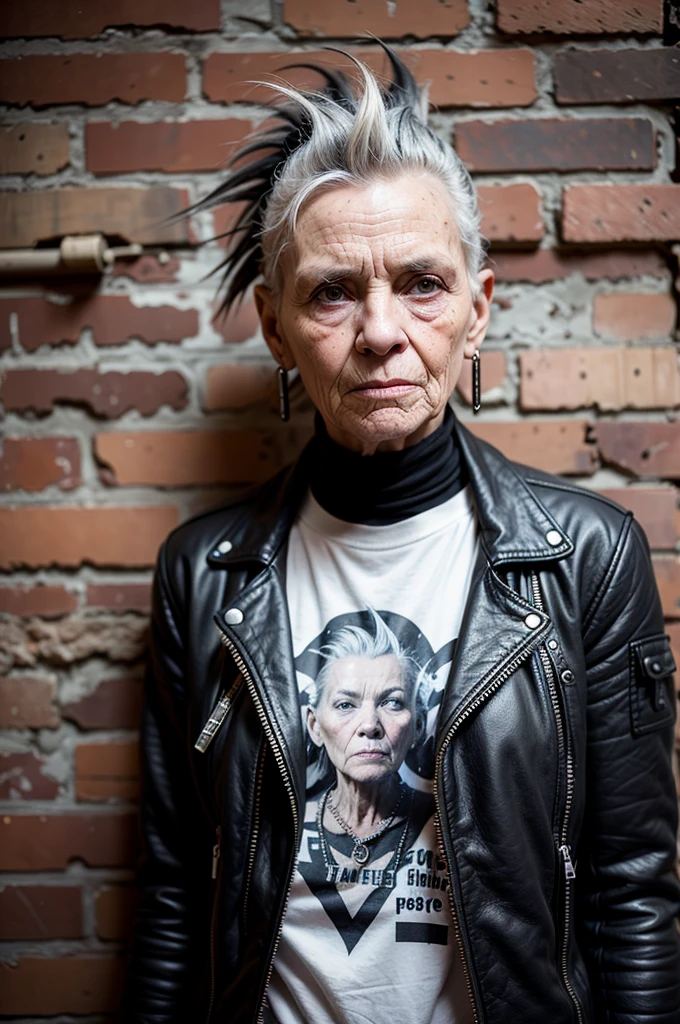 Very old punk man 100 years old, gray mohawk, old leather jacket, black T-shirt with graffiti, bracelets on her wrists, stands against a brick wall, eye contact, looks at the viewer, masterpiece, best quality, perfect detail, perfect face detail,  perfect eye detail, perfect skin detail, depth of field, perfect lighting