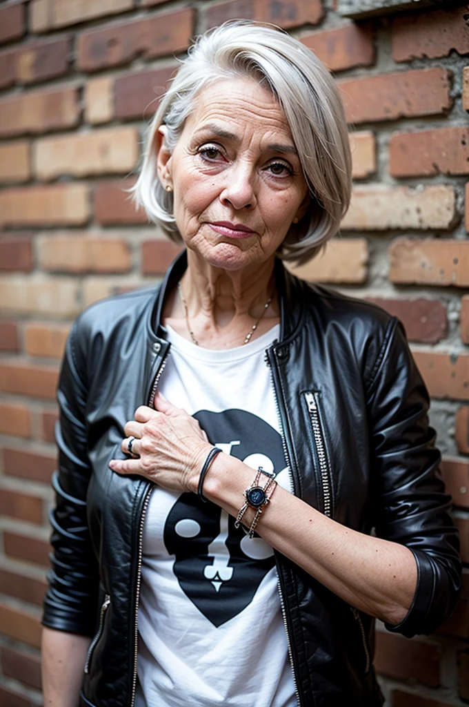 Very old punk man 100 years old, gray mohawk, old leather jacket, black T-shirt with graffiti, bracelets on her wrists, stands against a brick wall, eye contact, looks at the viewer, masterpiece, best quality, perfect detail, perfect face detail,  perfect eye detail, perfect skin detail, depth of field, perfect lighting
