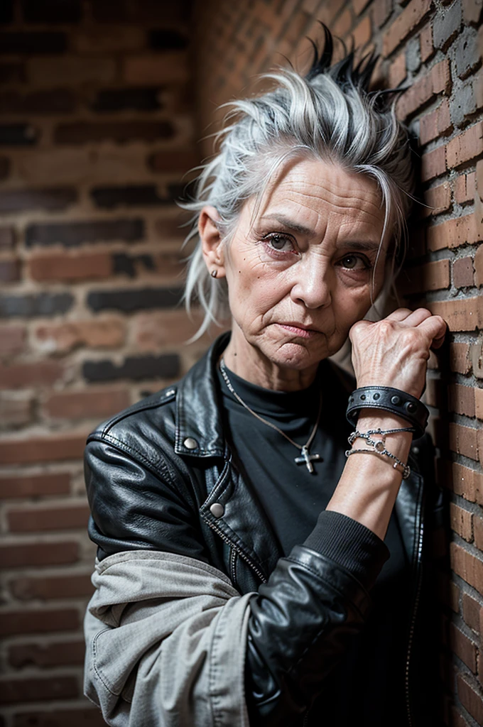 Very old punk man 100 years old, gray mohawk, old leather jacket, black T-shirt with graffiti, bracelets on her wrists, stands against a brick wall, eye contact, looks at the viewer, masterpiece, best quality, perfect detail, perfect face detail,  perfect eye detail, perfect skin detail, depth of field, perfect lighting