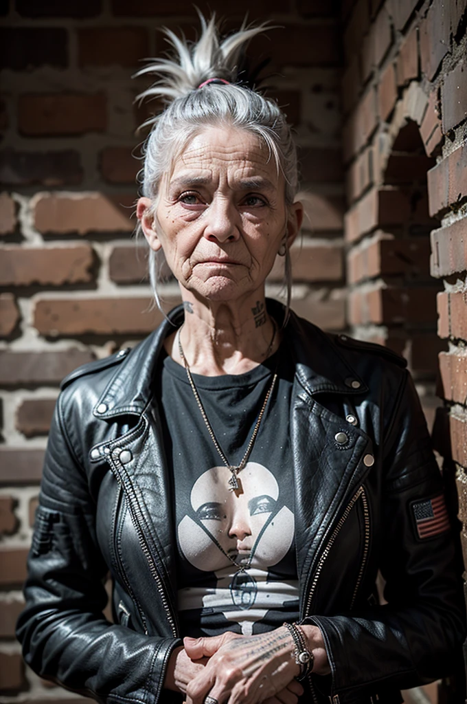 Very old punk man 100 years old, gray mohawk, old leather jacket, black T-shirt with graffiti, bracelets on her wrists, stands against a brick wall, eye contact, looks at the viewer, masterpiece, best quality, perfect detail, perfect face detail,  perfect eye detail, perfect skin detail, depth of field, perfect lighting