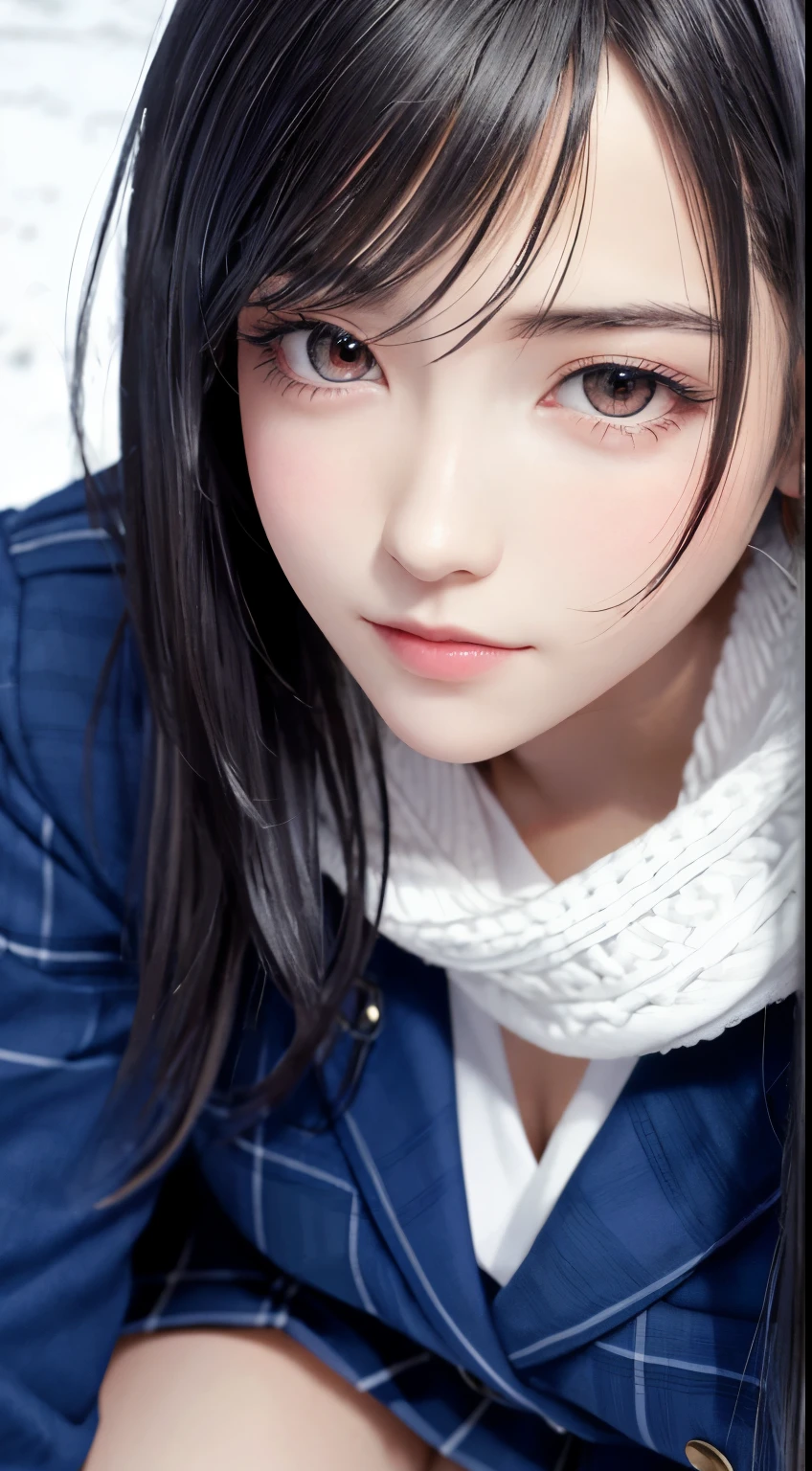 (top quality, masutepiece: 1.1), (Realistic: 1.3), (photoRealistic: 1.3),wallpapers, BREAK (((FF7,Tifa_lockhart))),(((very fluffy,big size knit scarf))),(((Japan jk uniform,Navy Blue blazer,school shirt,long-sleeved,Navy Blue Plaid Pleated mini-Skirt,Dark blue short socks,loafers))),(background big city,shibuya:1.1,hard snow:1.3,neon:1.2),Cinematic lighting,city light at night,(gravure pose:1.3,nogizaka idol),Ultra-detailed face, Detailed eyes,Red eyes, BREAK (((FF7,Tifa_lockhart))),(black brown hair, Large breasts: 1.0), BREAK , About 18 years old,kawaii,sensual,looking at viewer,wet body:1.3,Heavy snow , In the snow,Snow falls,(face focus:1.5,face close up:1.5),(she wants a kiss:1.2),(she blushes and looks at me),teary eyes:1.2