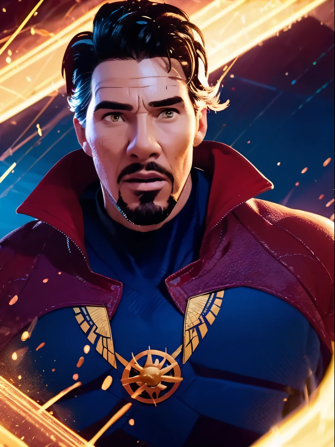 A dr. Strange, wearing a (((Doctor Strange costume))), cinematic, extreem realistic, extreem detailed, extreem Sharp, upper body shot. (natural skin texture, hyperrealism, soft light, sharp: 1.2), (intricate details: 1.12), hdr masterpiece, best quality, (highly detailed photo: 1.1), 8k, photorealistic, (SFW). ((Cosmic Background))