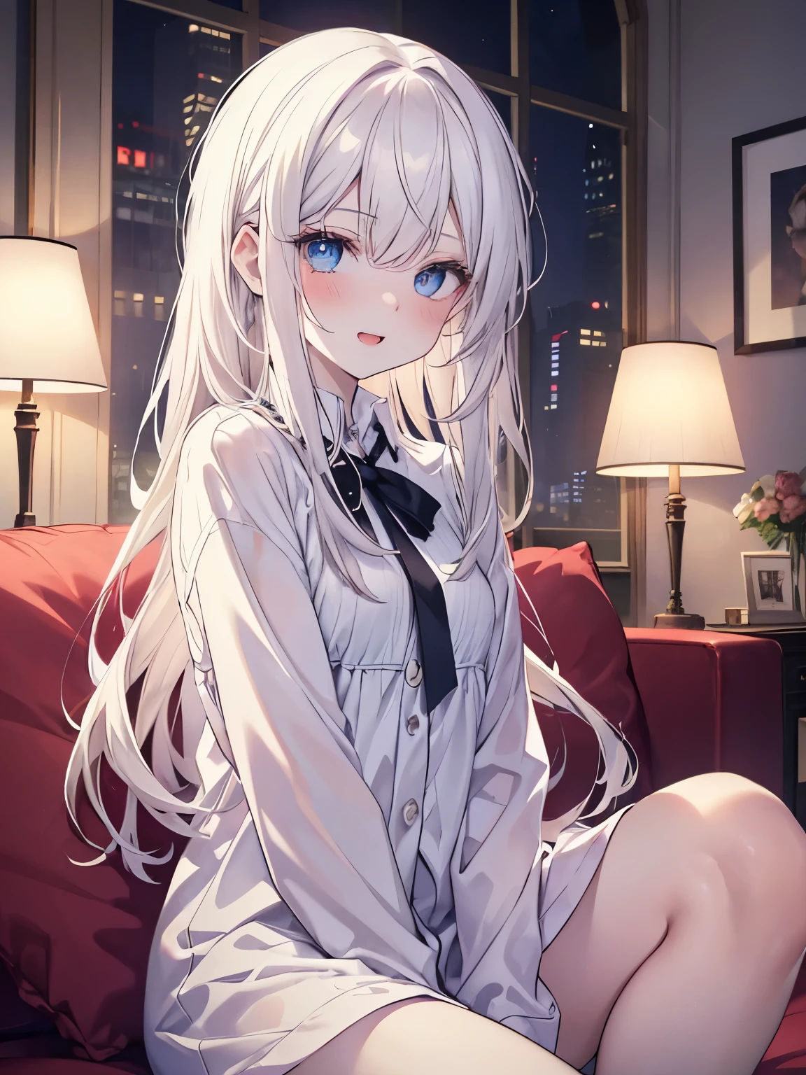 masutepiece, Highest Quality, (Perfect face:1.1), (high detailing:1.1), (ultradetailed eyes), Dramatic, superfine illustration, Extremely detailed, 1girl in, teenager,(pale skin), long white hair, Ethereal eyes, Blue eyes,blush,Solo,Smile, Happy, Laugh, Enjoy, Open mouth, Pouty lips,Cinematic lighting,looking at viewer,upper body,pajamas,indoor,living room,night,on the bed,sitting,hand between legs