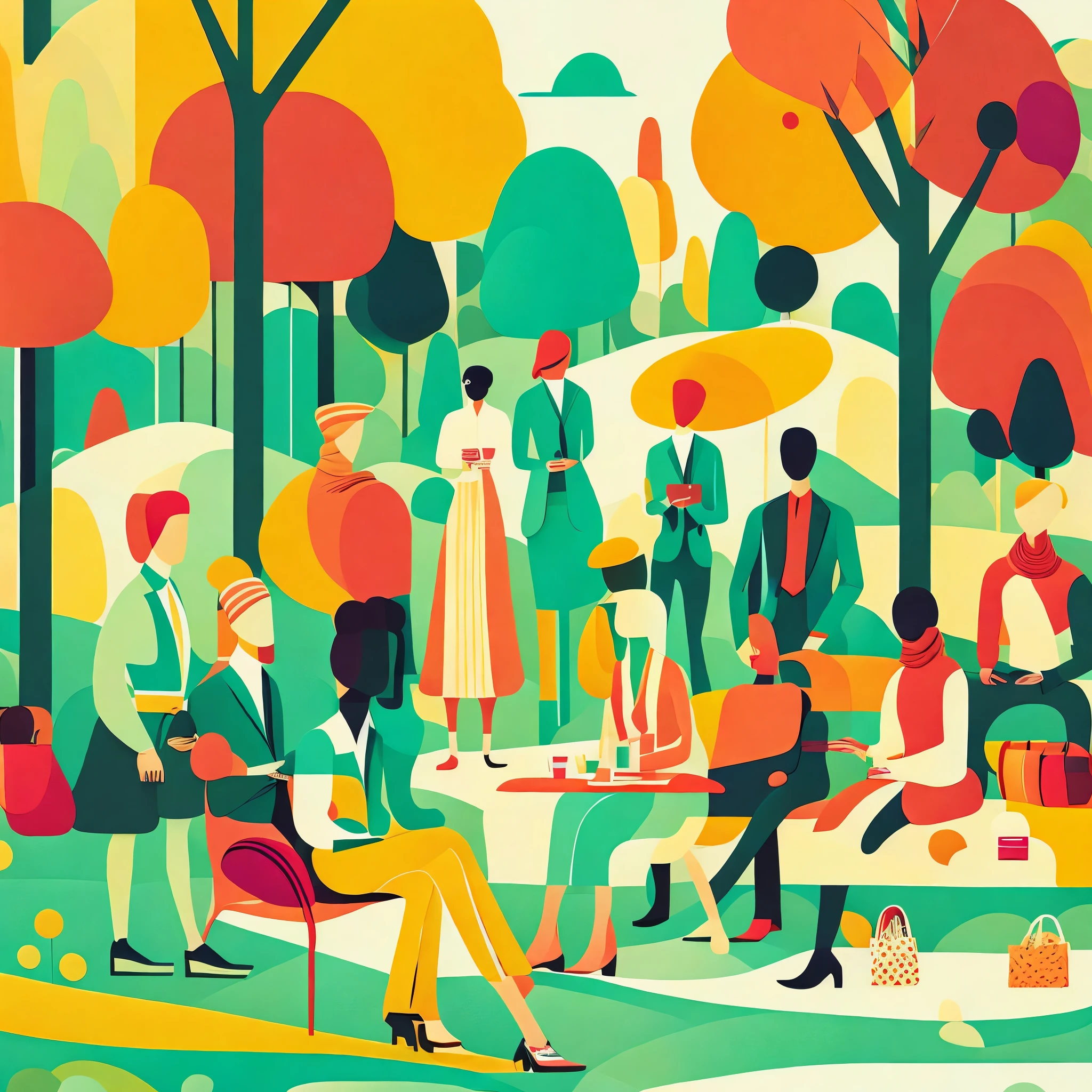 Vector illustration of young, fashionable men and women picnicking in the park, with flowing lines and warm colors set against a white background. The scene captures the essence of a modern, stylish park environment, where young people gather to relax and enjoy each other's company. The design features clean, simple lines and a limited color palette, emphasizing the sophisticated beauty of the urban park setting. The characters, with their youthful energy and trendy outfits, embody the vibrancy and grace of city life. The super saturated, vivid, and bright colors, rendered in a pop art vector style, lend a sense of surrealism and whimsy to the scene, creating a visually captivating and memorable composition.