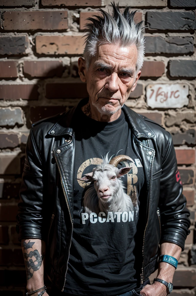 Very old punk man 100 years old, gray mohawk, old leather jacket, black T-shirt with graffiti, bracelets on her wrists, stands against a brick wall, eye contact, looks at the viewer, masterpiece, best quality, perfect detail, perfect face detail,  perfect eye detail, perfect skin detail, depth of field, perfect lighting