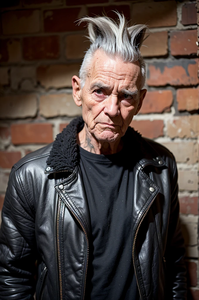 Very old punk man 100 years old, gray mohawk, old leather jacket, black T-shirt with graffiti, bracelets on her wrists, stands against a brick wall, eye contact, looks at the viewer, masterpiece, best quality, perfect detail, perfect face detail,  perfect eye detail, perfect skin detail, depth of field, perfect lighting
