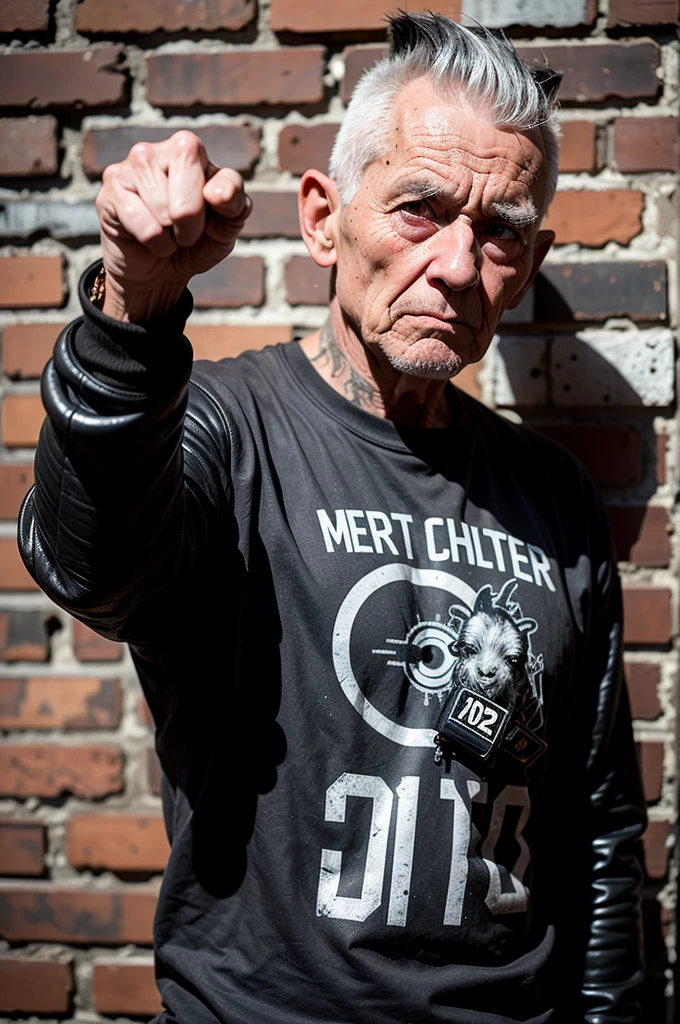 Very old punk man 100 years old, gray mohawk, old leather jacket, black T-shirt with graffiti, bracelets on her wrists, stands against a brick wall, eye contact, looks at the viewer, masterpiece, best quality, perfect detail, perfect face detail,  perfect eye detail, perfect skin detail, depth of field, perfect lighting