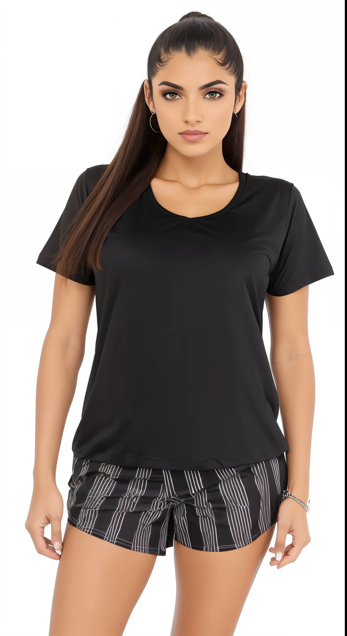 a woman wearing a Preto top and shorts with a Preto and white pattern, manga curta, wearing a Preto t-shirt, Preto, Preto t shirt, wearing Preto tshirt, wearing a Preto tshirt, wearing a Preto shirt, ônix, Preto shirt, camiseta, Preto t-shirt, Preto t - shirt, Preto top, Maxar, mulheres, Preto halo