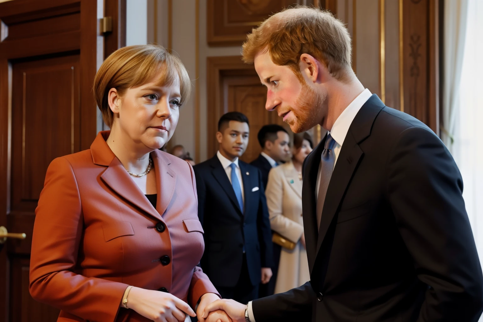 Prince Harry with Angela Merkel, holding hands