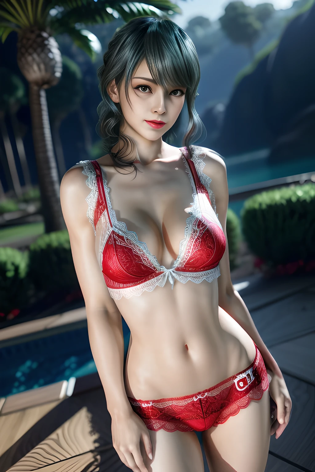 1 girl,vampire princess,Red Lingeri, (lace:1.3),stockings,outdoor, (standing posture),jewelry,Lips slightly open, lustful smile, red lips,(Lactation:1.2),(huge breasts),shiny skin,((8k, original photo, top quality, masterpiece), HD RAW color photos professional close-up photos), (actual, photorealism: 1.37), (best quality), (best shade),ultra high resolution, HD CG unified 8K wallpaper,soft sunshine,clothing details, alone,Tamaki