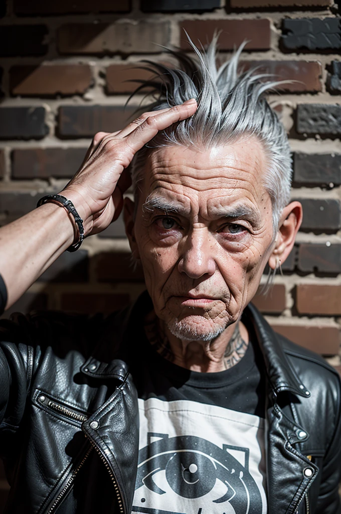 Very old punk man 100 years old, gray mohawk, old leather jacket, black T-shirt with graffiti, bracelets on her wrists, stands against a brick wall, eye contact, looks at the viewer, masterpiece, best quality, perfect detail, perfect face detail,  perfect eye detail, perfect skin detail, depth of field, perfect lighting