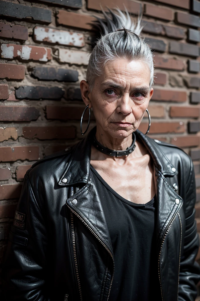 Very old punk man 100 years old, gray mohawk, old leather jacket, black T-shirt with graffiti, bracelets on her wrists, stands against a brick wall, eye contact, looks at the viewer, masterpiece, best quality, perfect detail, perfect face detail,  perfect eye detail, perfect skin detail, depth of field, perfect lighting