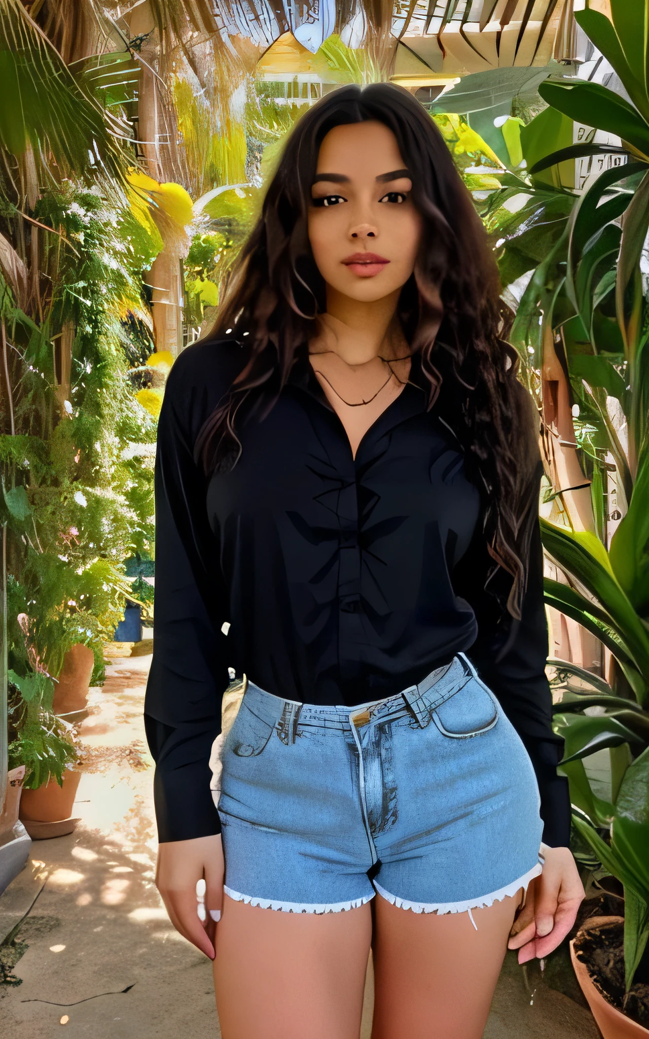 1 adult woman, long hair, curly hair, black colored hair, soft skin, brown eyes, sky, plants, long shirt, social shorts, working, mexican looking