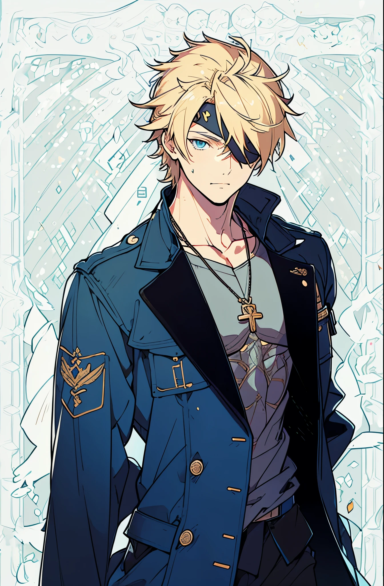 Ultra-detailed,high resolution,Ultra-detailed,Best quality,amazing,quality,intricate details,Extremely detailed CG unified 8k wallpaper,tarot cards,blonde,Draw a male character,Wear a blue trench coat,Wearing a silver military brand necklace,blue eyes,Wearing an eye patch on the right eye,black long pants,A 25-year-old adult male