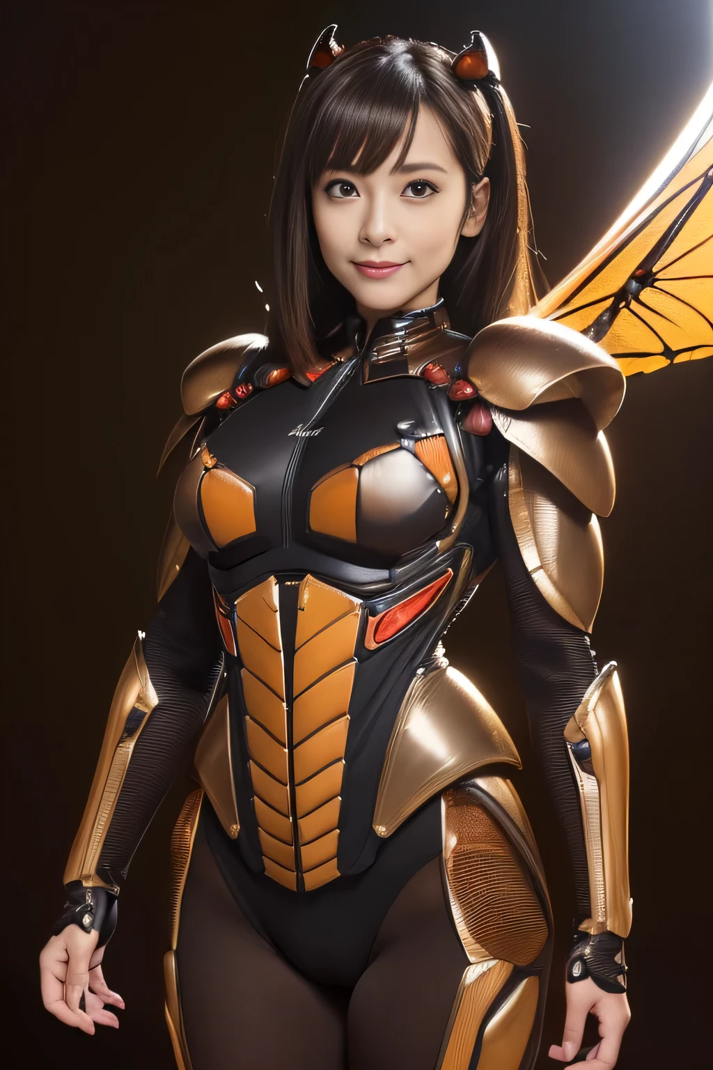 (High resolution,masterpiece,highest quality,Very detailed CG, anime, official art:1.4), realistic, photograph, amazing detail, all complicated, luster and luster,great many layers, 8k wallpaper, 3D, sketch, cute, figure,( alone:1.4), perfect female proportions,villain's daughter, (Fusion of dark brown cockroach and lady:1.4), (brown cockroach form lady:1.2), (brown cockroach woman:1.2), (Fusion:1.2), (alone:1.4), (evil smile:1.2), muscular, abs, (Cockroach brown exoskeleton bio insect suit:1.4), (Cockroach brown exoskeleton bio insect armor:1.2), (brown transparent cockroach feathers:1.4), (brown cockroach antenna:1.3),