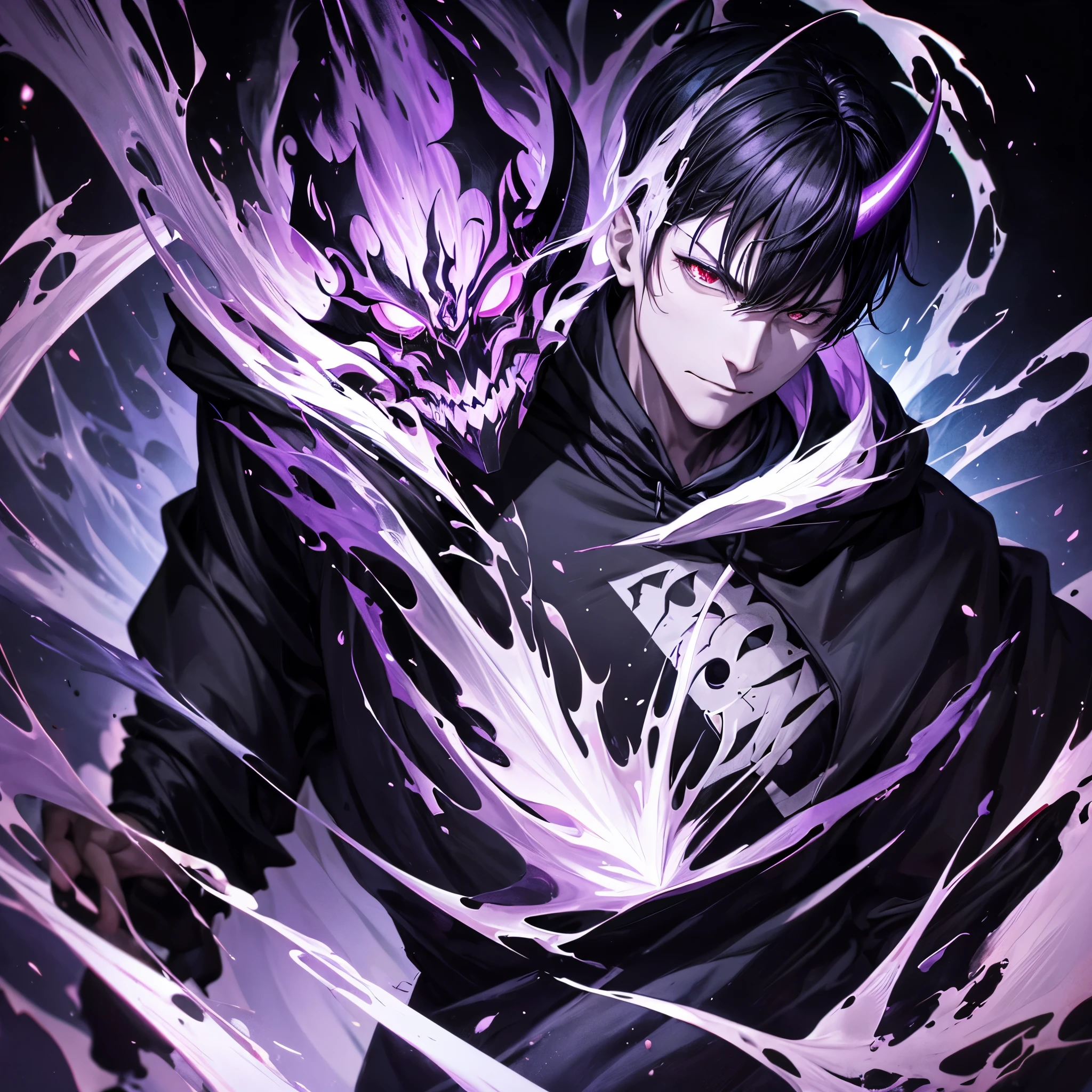 1 man, black short hair with white highlight, wear a demon mask, demon horn, wear a black Hoodie combine with demon armor combine with purple cloak, bring the black hole, authoritative pose, ruin background