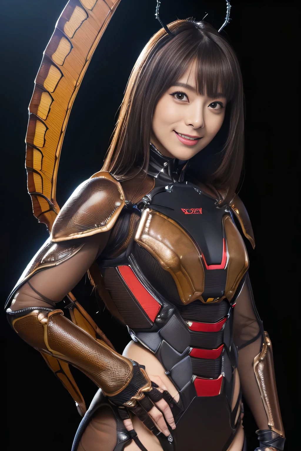 (High resolution,masterpiece,highest quality,Very detailed CG, anime, official art:1.4), realistic, photograph, amazing detail, all complicated, luster and luster,great many layers, 8k wallpaper, 3D, sketch, cute, figure,( alone:1.4), perfect female proportions,villain's daughter, (Fusion of dark brown cockroach and lady:1.4), (brown cockroach form lady:1.2), (brown cockroach woman:1.2), (Fusion:1.2), (alone:1.4), (evil smile:1.2), muscular, abs, (Cockroach brown exoskeleton bio insect suit:1.4), (Cockroach brown exoskeleton bio insect armor:1.2), (brown transparent cockroach feathers:1.4), (brown cockroach antenna:1.3),
