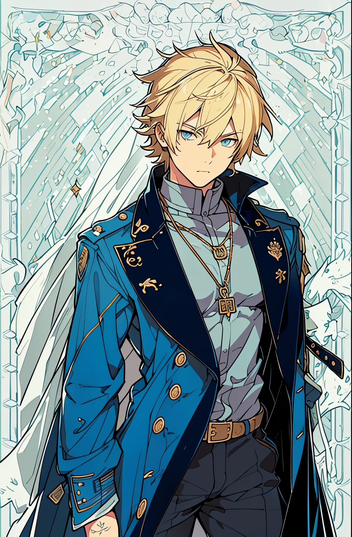 Ultra-detailed，high resolution，Ultra-detailed，Best quality，amazing，quality，intricate details，Extremely detailed CG unified 8k wallpaper，tarot cards，blonde，Draw a male character，Wear a blue trench coat，Wearing a silver military brand necklace，blue eyes，black long pants，A 25-year-old adult male
