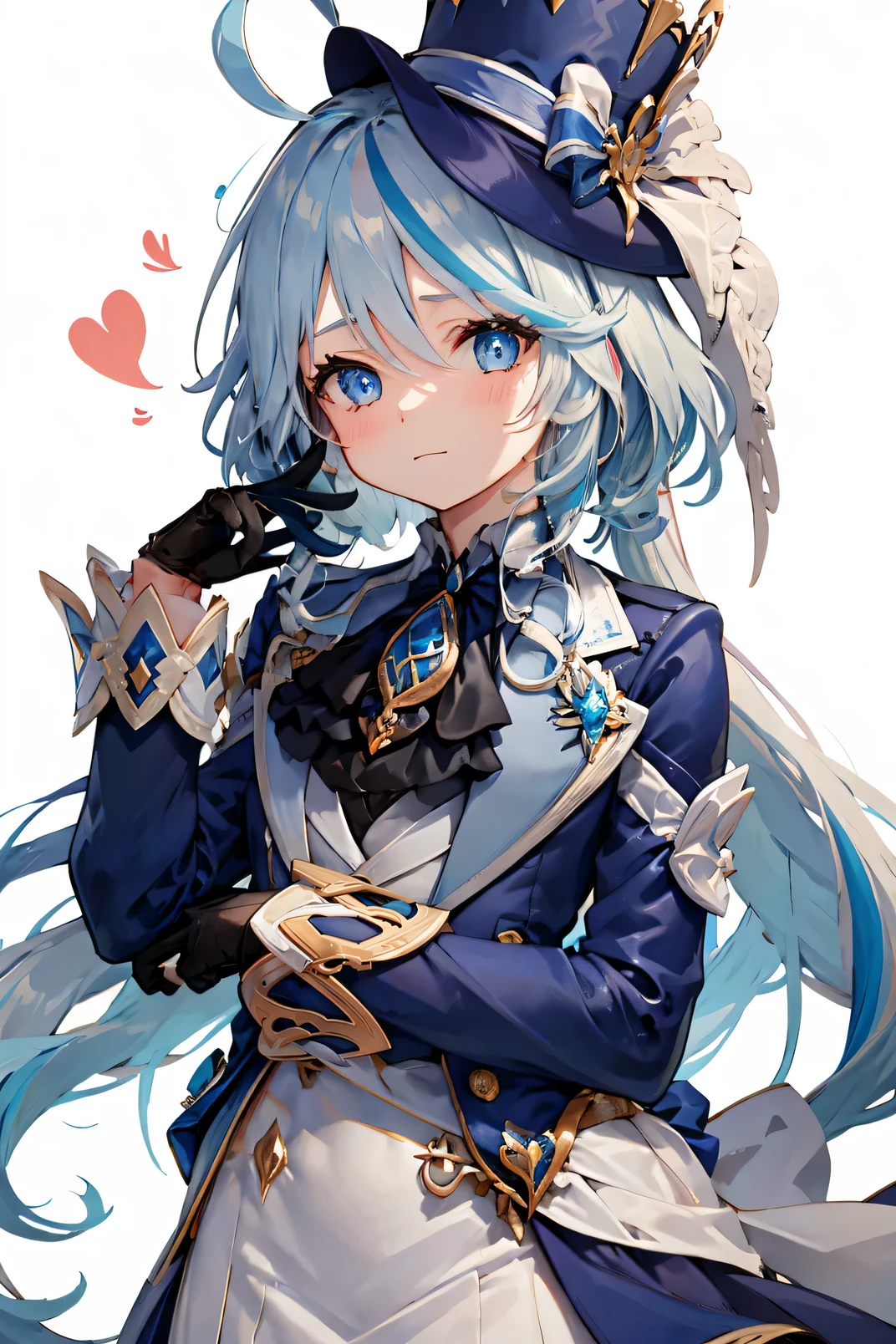 furina, 1girl, solo, long hair, looking at viewer, blush, blue eyes, simple background, gloves, long sleeves, hat, white background, jewelry, :3, blue hair, jacket, upper body, ahoge, white hair, heart, streaked hair, symbol-shaped pupils, blue jacket, brooch, blue headwear, top hat