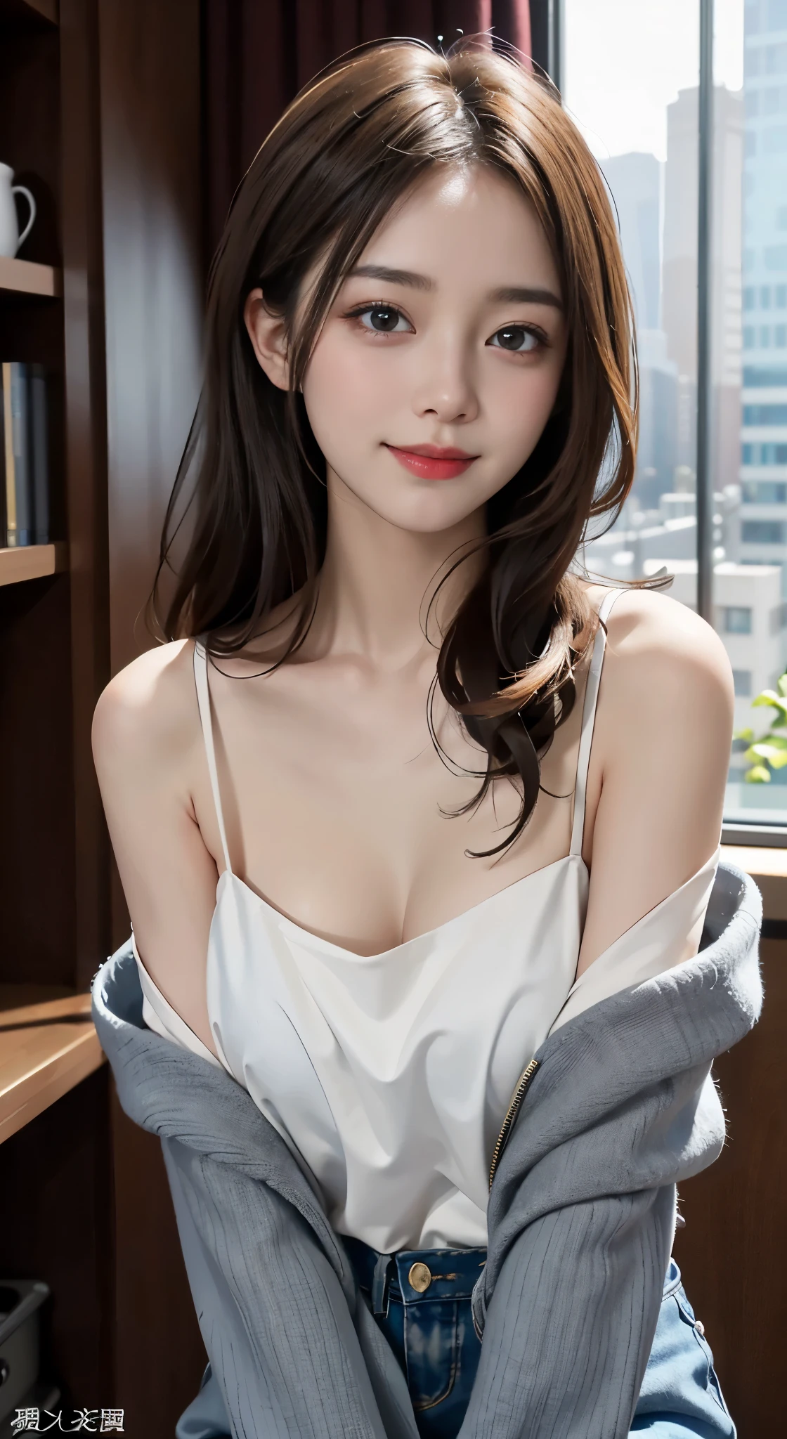 masterpiece、top-quality、realisitic、(A hyper-realistic), (illustratio), (hight resolution), (8K), (ighly detailed), (The best illustrations), (beatiful detailed eyes), (top-quality), (ultra-detailliert), (masterpiece), (wall-paper), (详细的脸), a bed、Upper body close-up,Armpit, A smile,Plump,独奏,(Wearing a silk plunged open shirt:1.5), full of sweat, japanes, large full breasts, (camel's toe)、huge-breasted、Luxury living room、Detailed white teeth、ultimate beauty girl、No bra、(Thick necklace of gold)、perfect teeth、Brown hair、Light makeup、Navel、