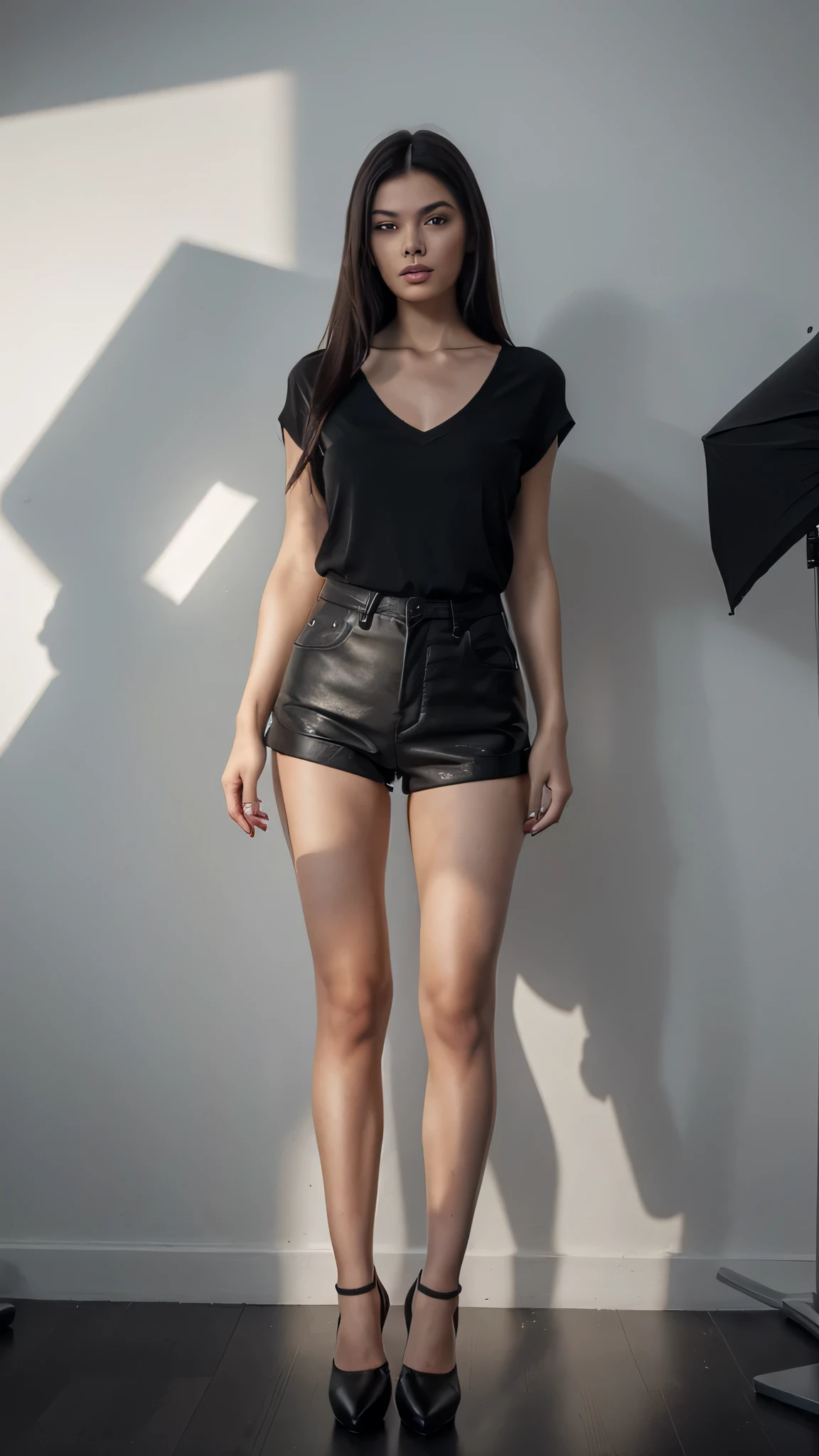 a young woman, in white tight t-shirt, black shorts, detailed, realistic, photo, stand up straight, realistic, hyper detailed, beautiful, dark tone, photorealistic, masterpiece, high quality, 8k