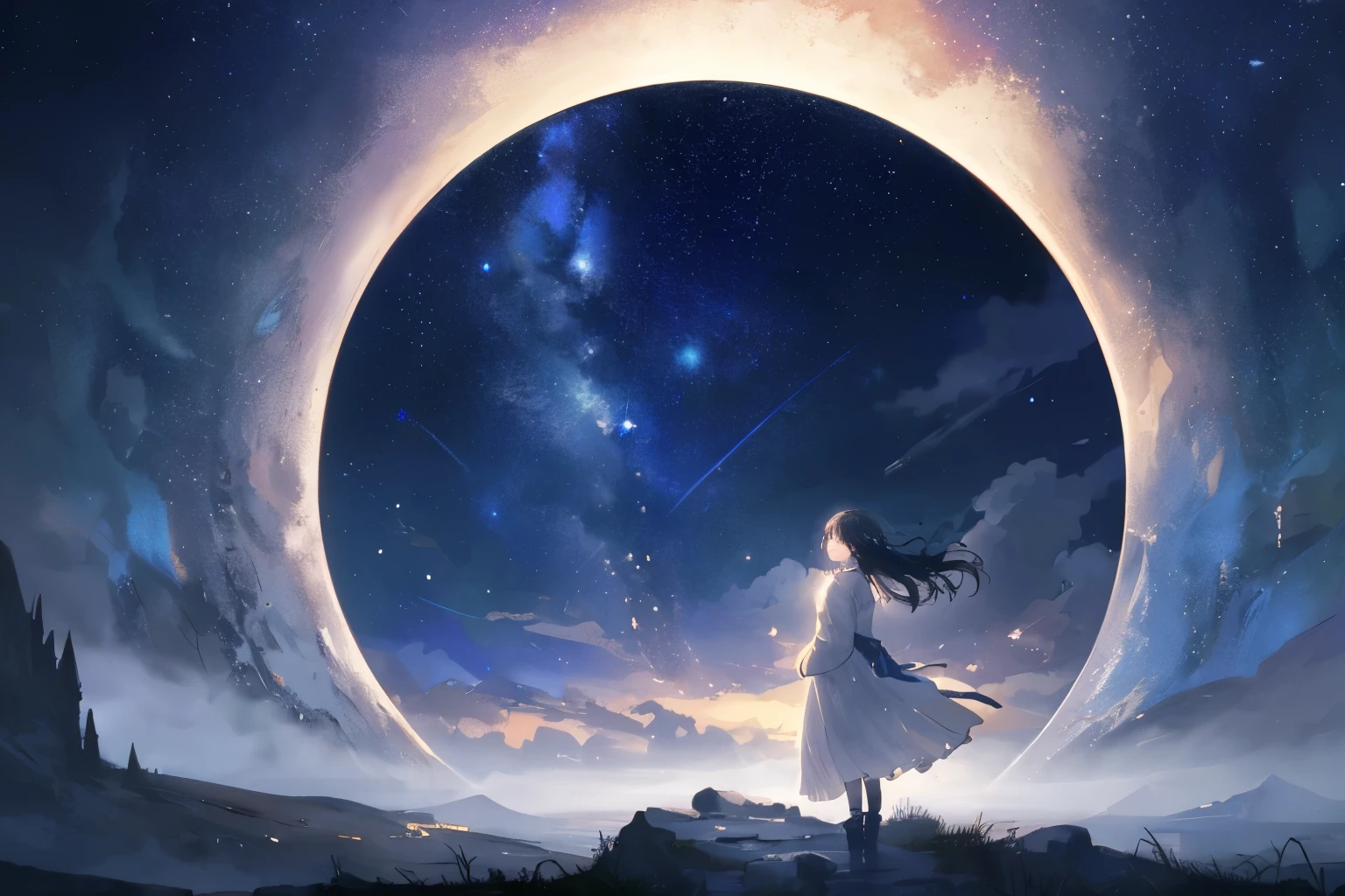 Create exquisite illustrations reminiscent of Makoto Shinkai's style, It has ultra-fine details and top-notch quality. Create a high-quality illustration of a beautiful girl crying in a fantastical night setting, ensuring meticulous attention to detail while evoking a sense of fantasy and ethereality. Picture the scene with the girl bathed in moonlight, tears glistening on her cheeks as she stands amidst a surreal landscape. Capture the enchanting atmosphere of the night, with stars twinkling overhead and mysterious shadows dancing around her. Depict the girl with soft yet sorrowful features, her beauty accentuated by the emotional turmoil reflected in her eyes. Pay close attention to the fine details of her surroundings, including the intricate textures of the night sky and the delicate play of light and shadow. Aim for a composition that conveys a sense of melancholy beauty and transcendent magic, transporting the viewer into a world where emotions and dreams intertwine. best quality, masterpiece