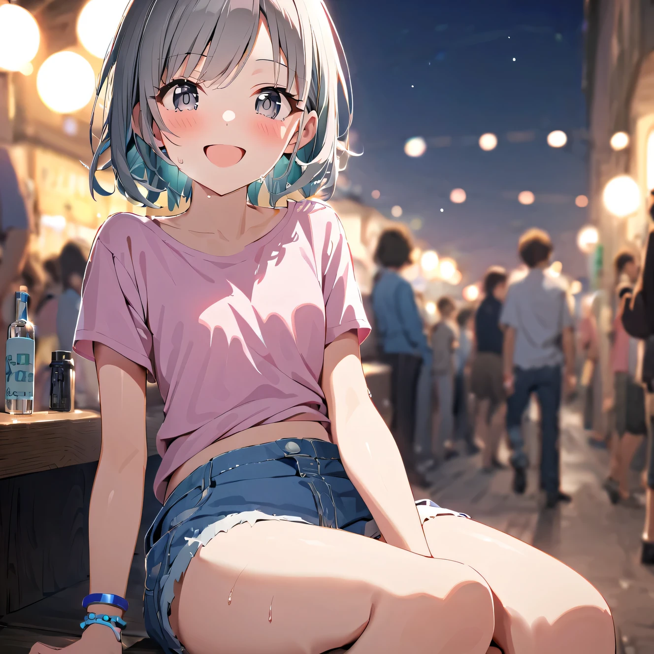 1girl otokura_yuuki idolmaster_Cinderella_girls arm_support bare_Youth_shorts blurry blurry_Background Blush Bottle Bracelet Gray_hair grey_Eyes open_Mouth hair_ornament holding holding_looking for bottle jewelry_in_beholder_to_of_side view outdoor person々 pink_Shirt Shirt Short_Hair short_sleeve shorts small_breasts sitting smile solo swein, masterpiece, highest quality, 8K,illustrinion,(detailed lighting),UHD, Anime Skins
