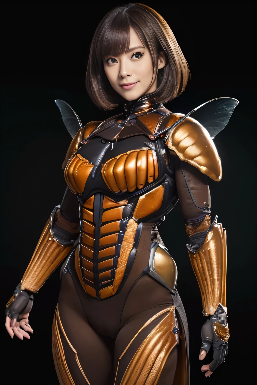 (High resolution,masterpiece,highest quality,Very detailed CG, anime, official art:1.4), realistic, photograph, amazing detail, all complicated, luster and luster,great many layers, 8k wallpaper, 3D, sketch, cute, figure,( alone:1.4), perfect female proportions,villain's daughter, (Fusion of dark brown cockroach and lady:1.4), (brown cockroach form lady:1.2), (brown cockroach woman:1.2), (Fusion:1.2), (alone:1.4), (evil smile:1.2), muscular, abs, (Cockroach brown exoskeleton bio insect suit:1.4), (Cockroach brown exoskeleton bio insect armor:1.2), (brown transparent cockroach feathers:1.4), (brown cockroach antenna:1.3),