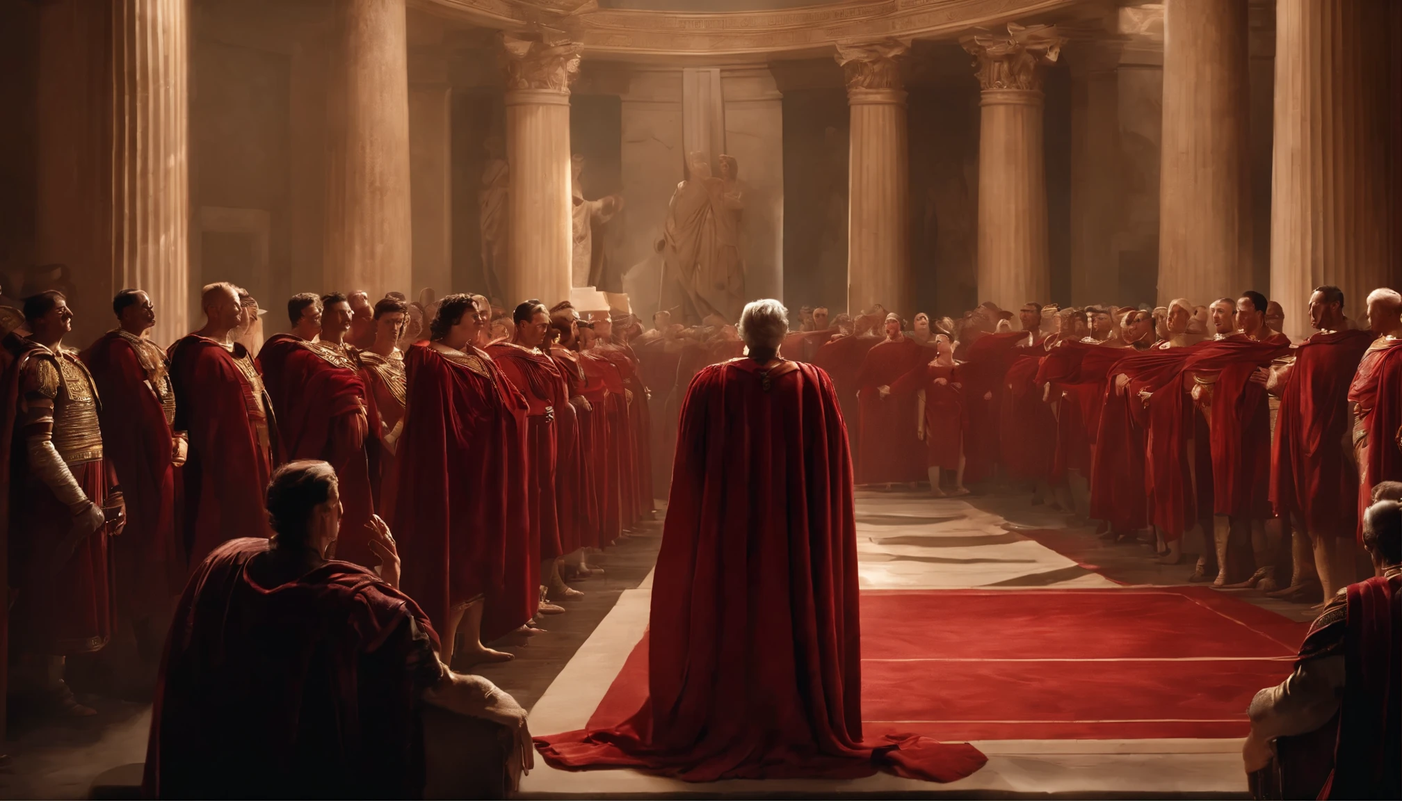 In a shocking historical event, Julius Caesar, the renowned Roman leader, is viciously attacked by the senators. This compelling image, portrayed through a vivid painting, captures the intense moment of betrayal. The depiction showcases Caesar's regal stature, his robes of opulent crimson, tarnished by the deep red of his own blood. The senators' treachery is palpable as their daggers pierce through the air, one after another, while Caesar's face displays a mix of surprise, anguish, and defiance. The artist's impeccable attention to detail allows viewers to witness the horror in every line on Caesar's face and every ripple of his torn robes. This masterful artwork truly immerses us in the tragically pivotal event that forever changed the course of history.