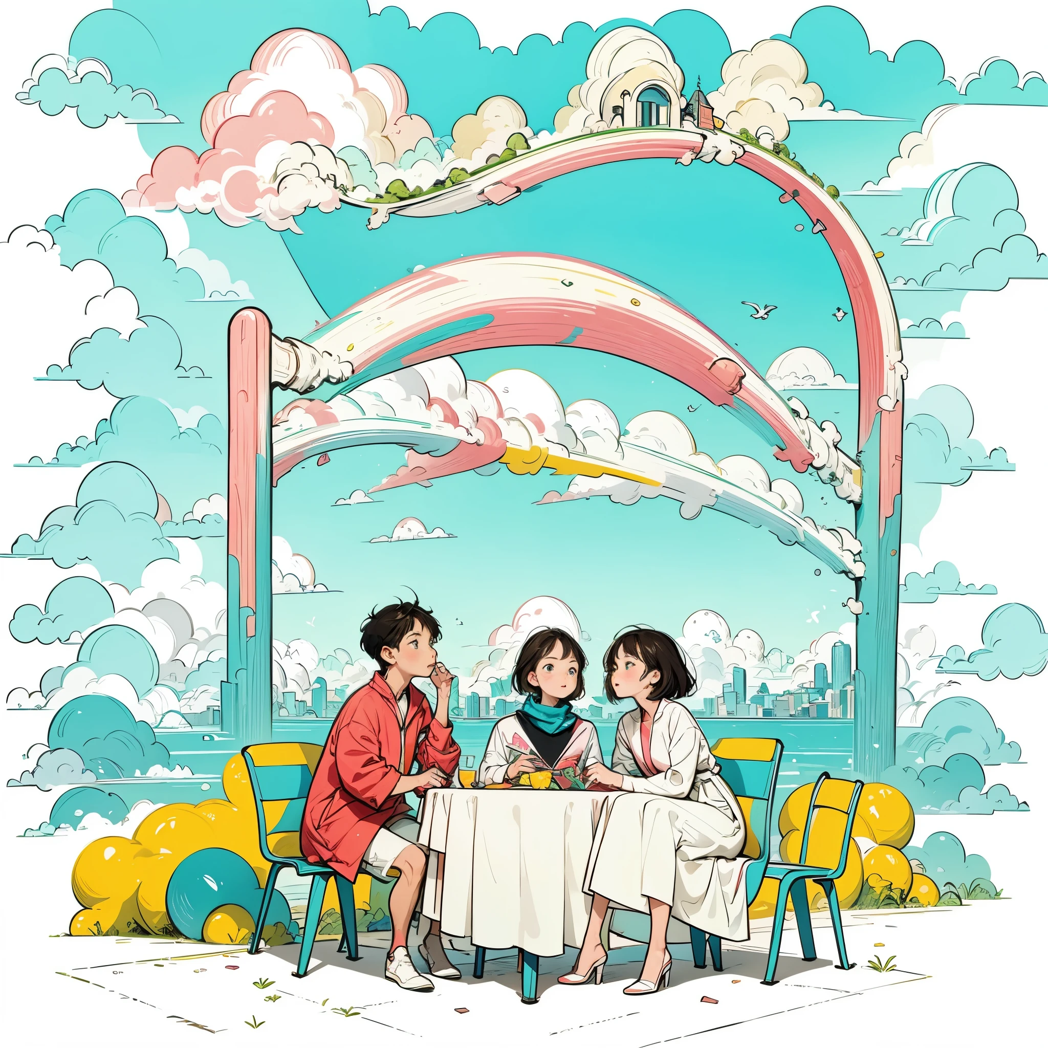 Vector illustration of young, fashionable men and women picnicking in the park, with flowing lines and warm colors set against a white background. The scene captures the essence of a modern, stylish park environment, where young people gather to relax and enjoy each other's company. The design features clean, simple lines and a limited color palette, emphasizing the sophisticated beauty of the urban park setting. The characters, with their youthful energy and trendy outfits, embody the vibrancy and grace of city life. The super saturated, vivid, and bright colors, rendered in a pop art vector style, lend a sense of surrealism and whimsy to the scene, creating a visually captivating and memorable composition.