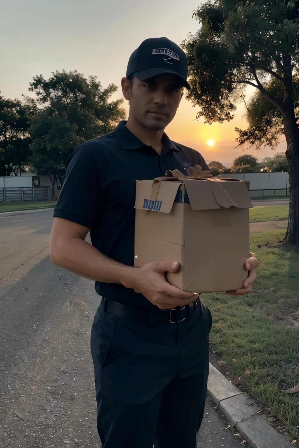 Criar uma imagem de um homem, wearing the dark blue polo shirt of a company delivery man, wearing orange cap, getting out of the truck looking at the smartphone in his right hand while holding a large box wrapped in brown paper in his left arm, camera view from bottom to top with the dawn sky and sun in the background