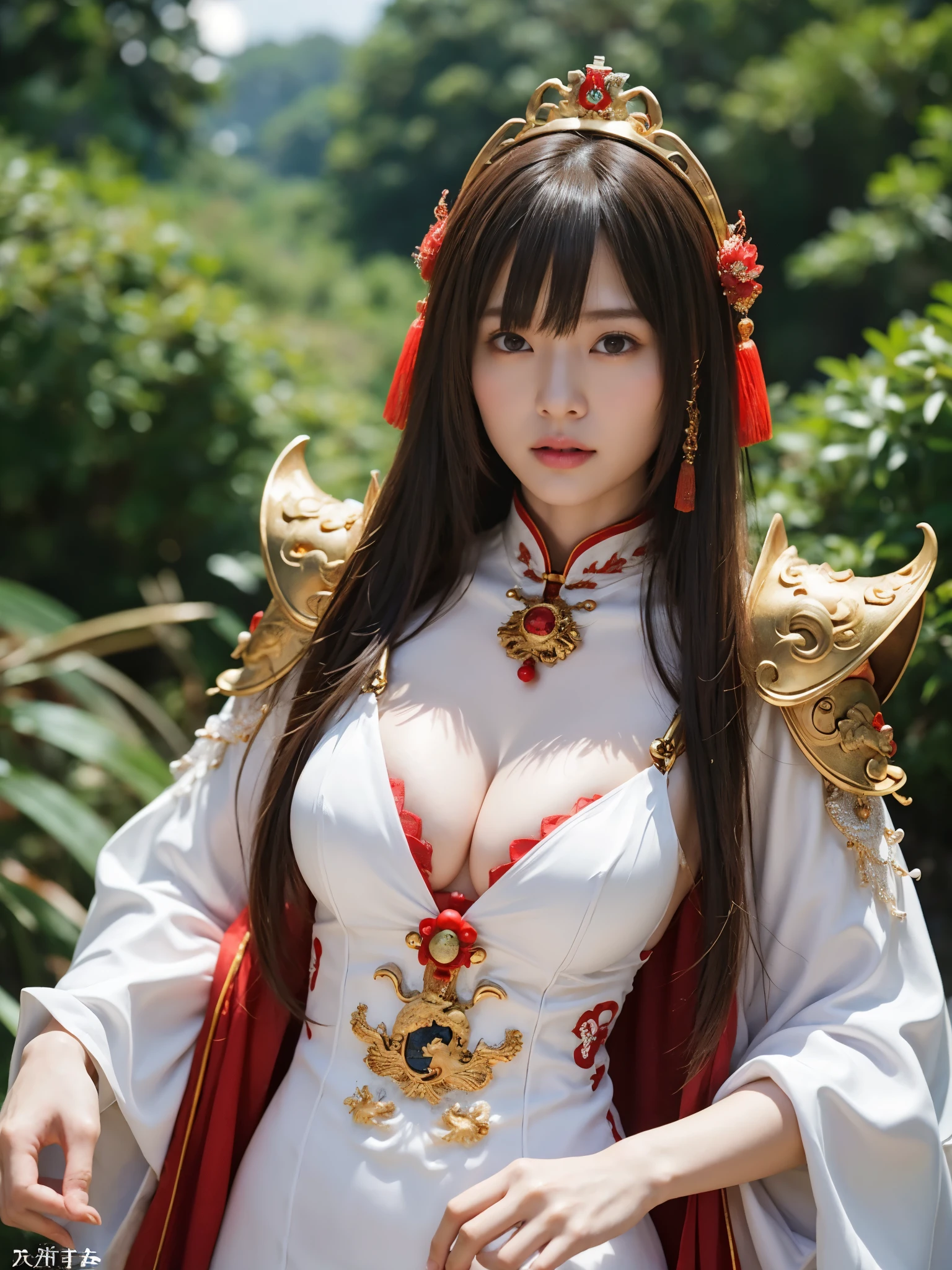 (非常に重い胸),(Fight fiercely with dragons)、top-quality、masterpiece、超A high resolution、(White Dragon Armor)、dragon armor、(Wearing a beautiful crown made of jewels),(Photorealsitic:1.4)、Raw photo、1人、Golden hair、glowy skin、(((Chinese Dragon)))、(Gorgeous Jewelry Necklaces)、(Mystical expression)、(Fight big dragons)、With a beautiful knife、(White Metal Bodysuit)、(beautiful forest background)、Precipitous cliffs、(Small LED)、((super realistic details))、portlate、globalillumination、Shadow、octan render、(One-Eyed Scouter)、8K、ultrasharp、Colossal tits、Raw skin is exposed in cleavage、metals、Details of complex ornaments、Japan details、highly intricate detail、Realistic light、CGSoation Trends、Red Eyes、radiant eyes、Facing the camera、neon details、(Mechanical limbs)、(blood vessels connected to tubes)、Mechanical vertebrae attached to the back、mechanical cervical attaching to neck、(Wires and cables connecting to the head)、Gundam、Small LED、,Mechanical thighs、Toostock、(Hands are also made of machines)、(veils)、