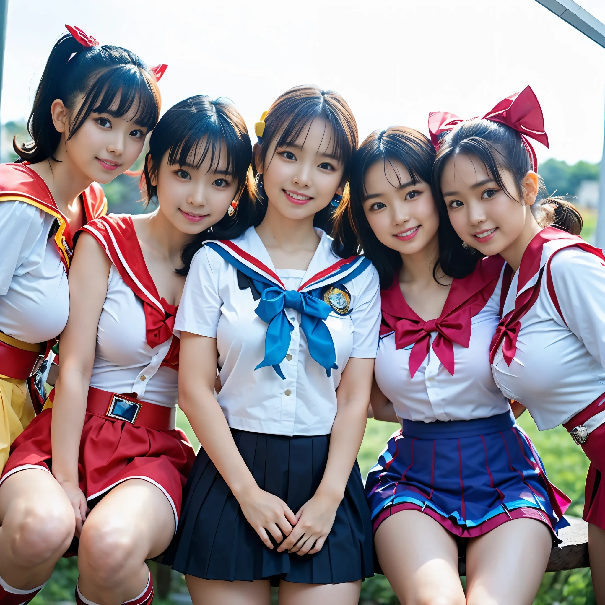 （8K、Raw photography、highest quality、masterpiece：1.2),(black hair、very short hair:1.7),(curly twintails:1.3)、show viewer,Looking at the front,(super sentai、Red Ranger、Blue Ranger、yellow ranger、Bishoujo Warrior、3 people、She is wearing a colorful PreCure series costume..:1.8)、(Clothing that emphasizes the shape of your chest:1.4)、(big breasts :1.4)、slim body shape、ultra high resolution,beautiful,beautiful fece,(no background:1.9),whole bodyボディー,、(black eye、3 peopleの日本人女性: 1.3),（Photoreal：1.37）、photon mapping,reality、(everyone is so cute: 1.3)、(cute smile: 1.7)、(With a round face: 1.9)、radio city、Physically based rendering、depth of field rally background、photograph, (skirt is too short: 1.8)、(I can see your knees,close up of thighs、spread your legs、showing off white panties:1.4),whole body、super fine